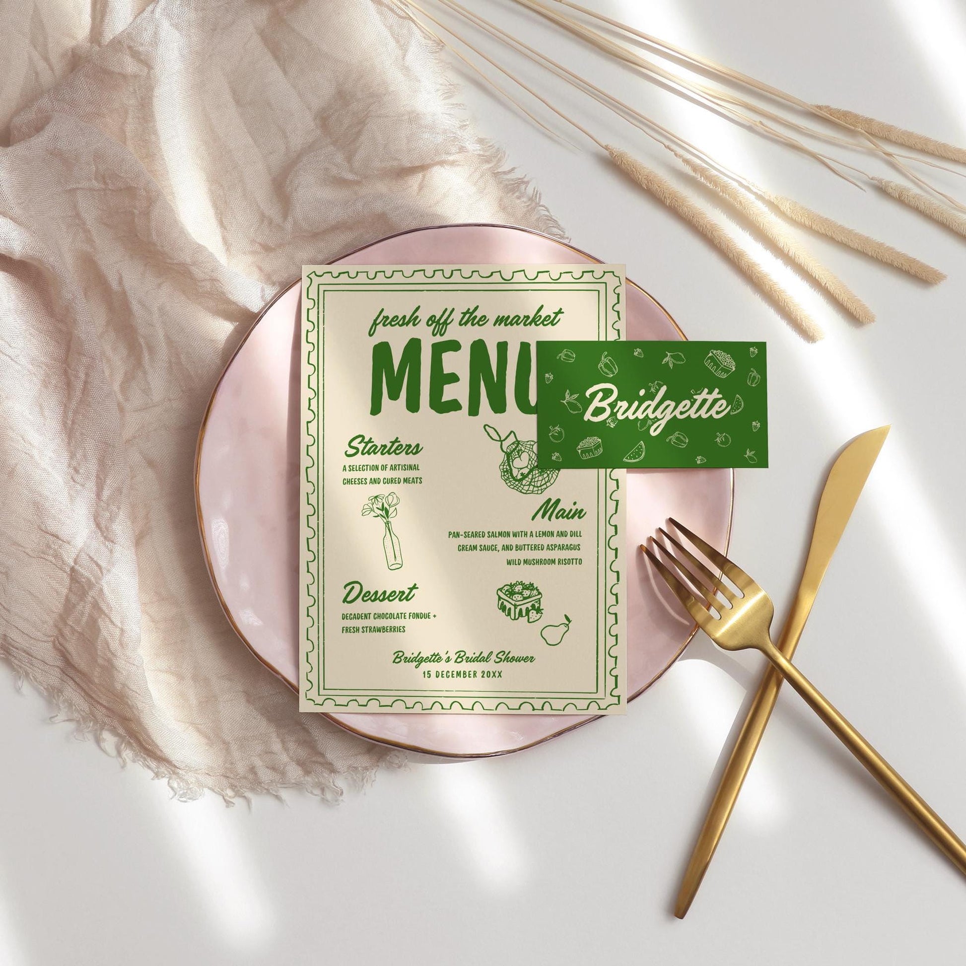 Fresh Off the Market Bridal Shower Menu & Place Cards Farmers Market Bridal Shower Hand Drawn Menu Template Editable Whimsical Wedding Theme