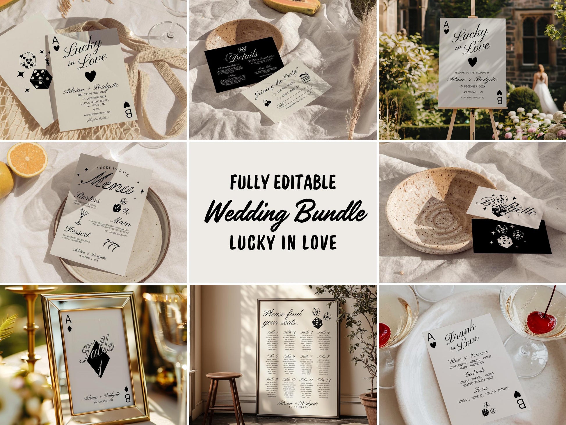 Lucky in Love Table Numbers Template Hand Drawn Vegas Wedding Stationery Playing Cards Wedding Signing Vintage Wedding Decor Las Vegas