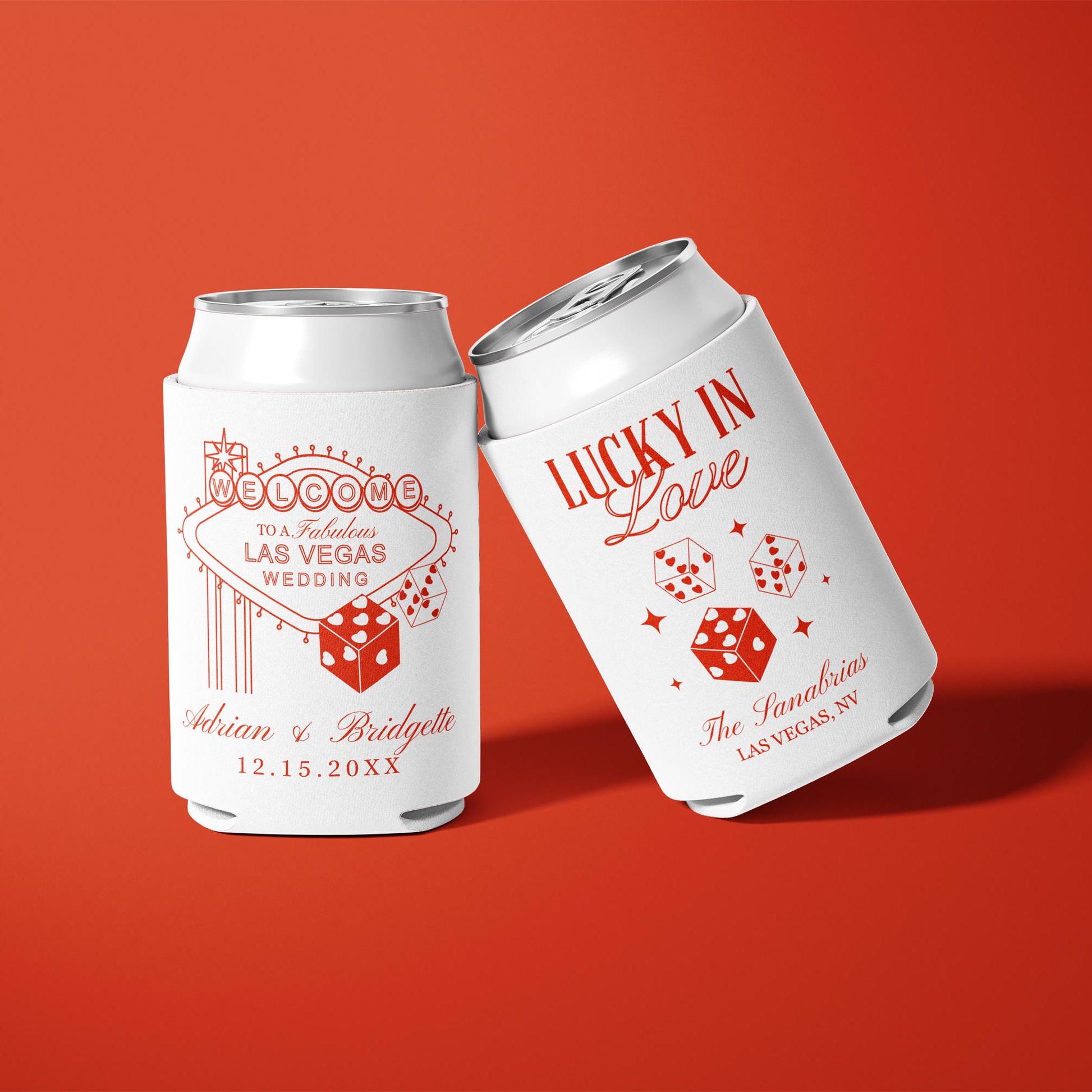 Las Vegas Wedding Koozie Lucky in Love Can Cooler Vintage Wedding Koozie Vegas Wedding Favors Huggers Custom Lucky in Love Wedding Koozies