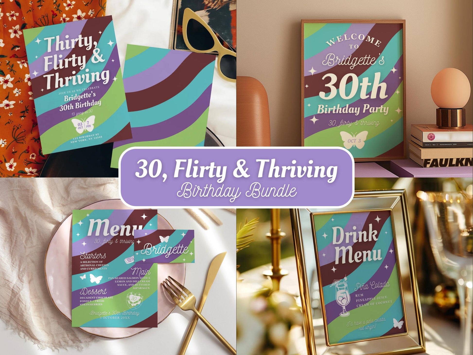 13 going on 30 Birthday Bundle 30th Birthday Invitation Template Thirty Flirty and Thriving 30th Birthday Invite Menu Place Cards Drink Menu