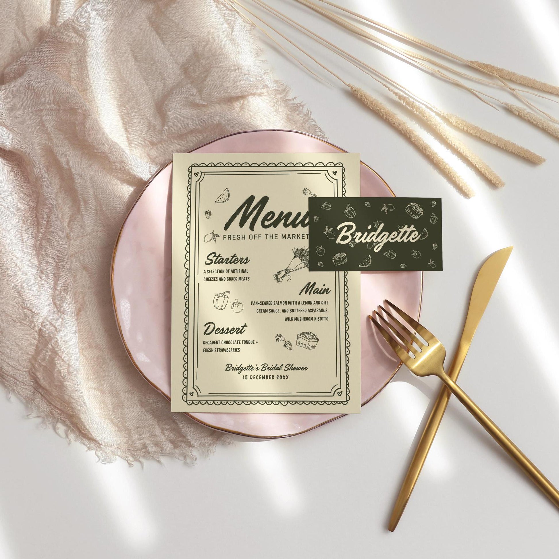 Fresh Off the Market Bridal Shower Menu & Place Cards Farmers Market Bridal Shower Hand Drawn Menu Template Editable Whimsical Wedding Theme