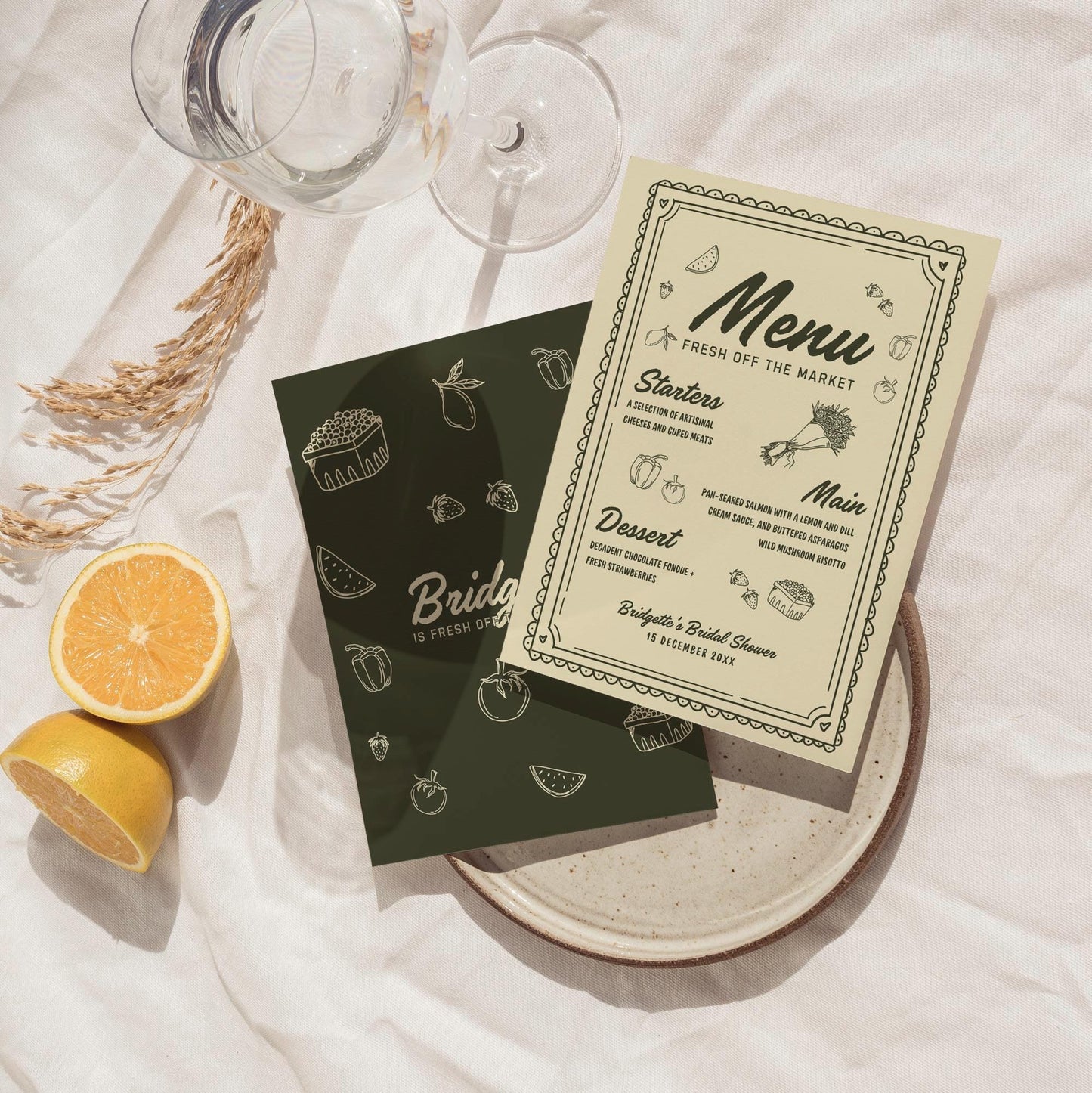 Fresh Off the Market Bridal Shower Menu & Place Cards Farmers Market Bridal Shower Hand Drawn Menu Template Editable Whimsical Wedding Theme