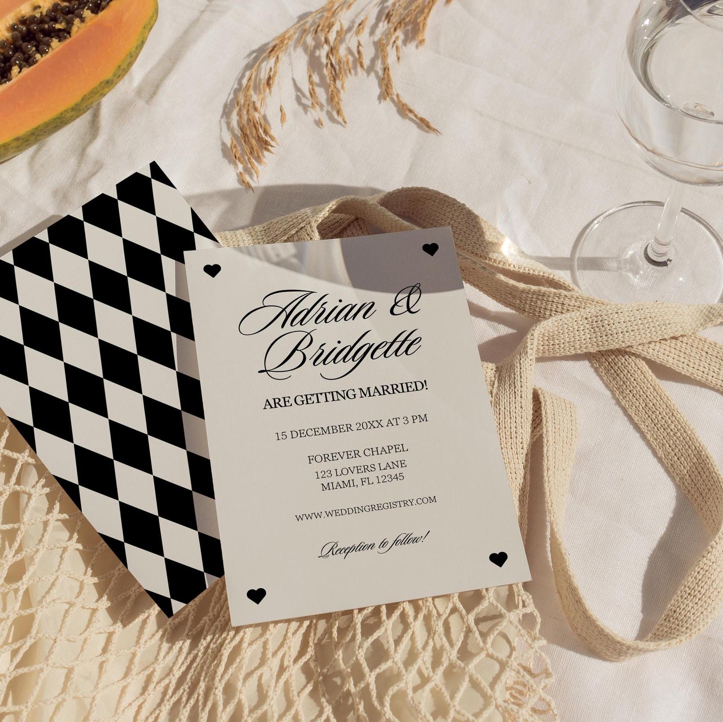 Elegant Wedding Template Suite with Photo Old Money Aesthetic Editable Vintage Wedding Invite Design Black and White Checkerboard Invite