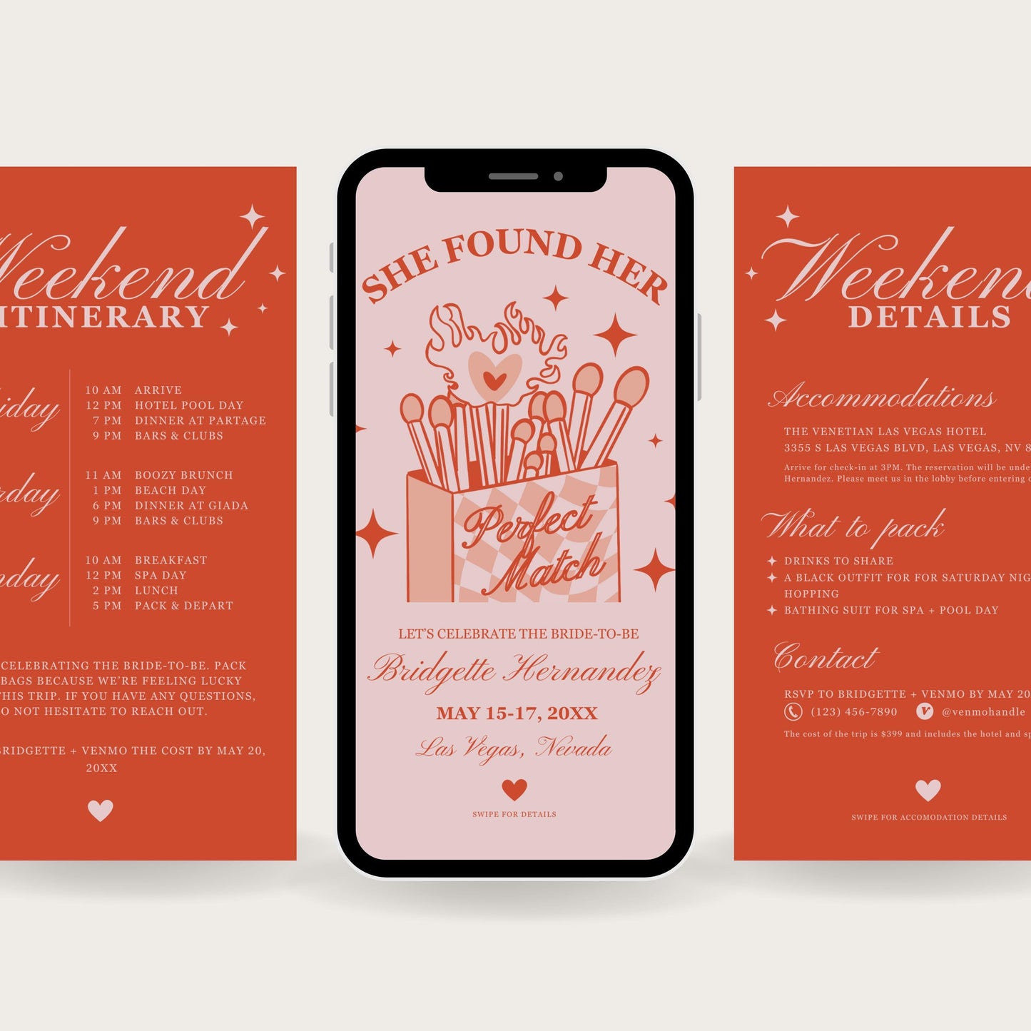 Perfect Match Bachelorette Party Mobile Invitation Template Vegas Bachelorette Party Itinerary Match Made in Heaven Hen Party Weekend Invite