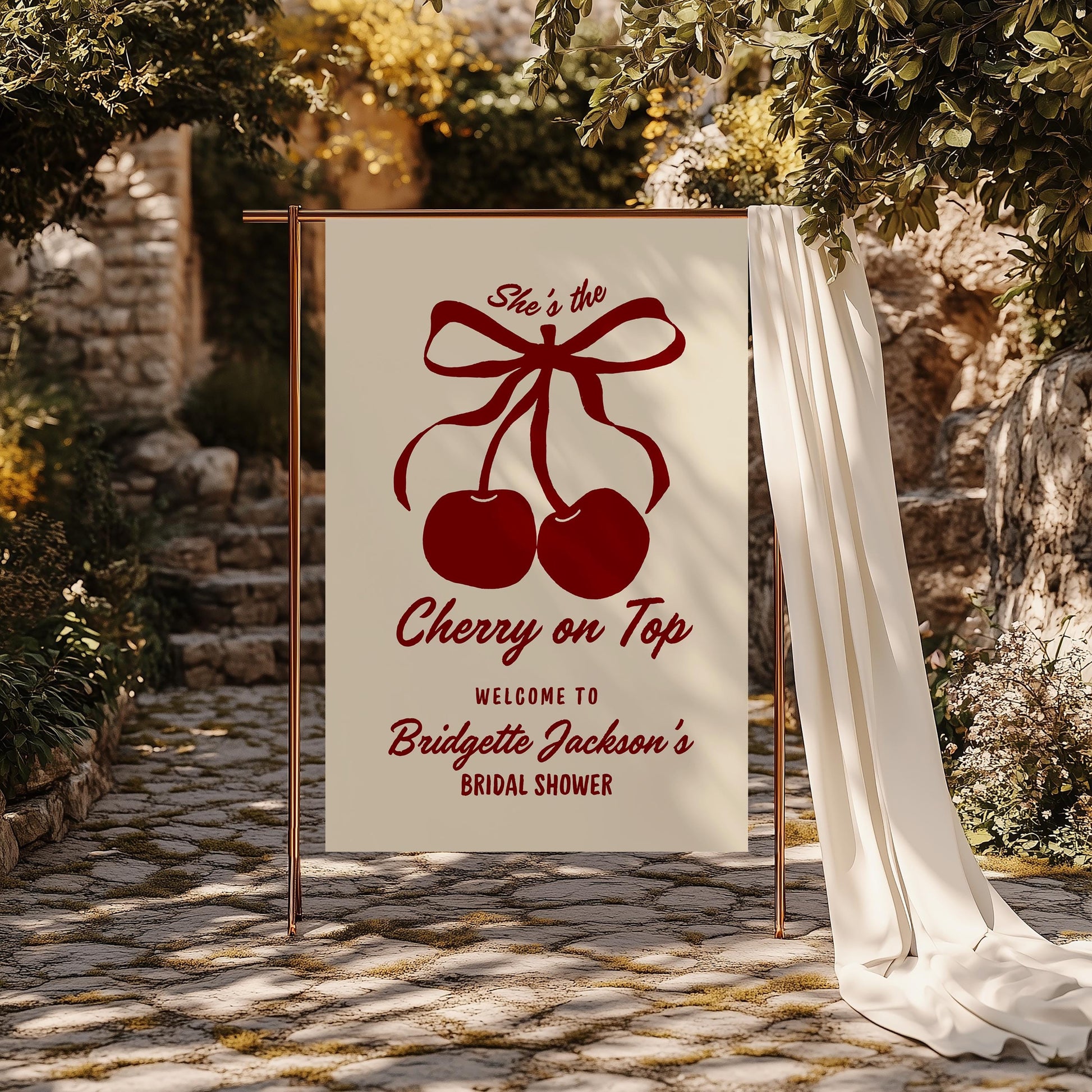 Cherry On Top Bridal Shower Welcome Sign Cherry Themed Bridal Shower She’s the Cherry On Top Hand Drawn Coquette Ribbon Bow Editable Sign