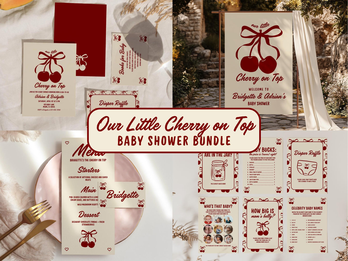 Cherry On Top Baby Shower Bundle Template Baby Sprinkle Our Little Cherry On Top Hand Drawn Coquette Ribbon Editable Cherry on Top Theme