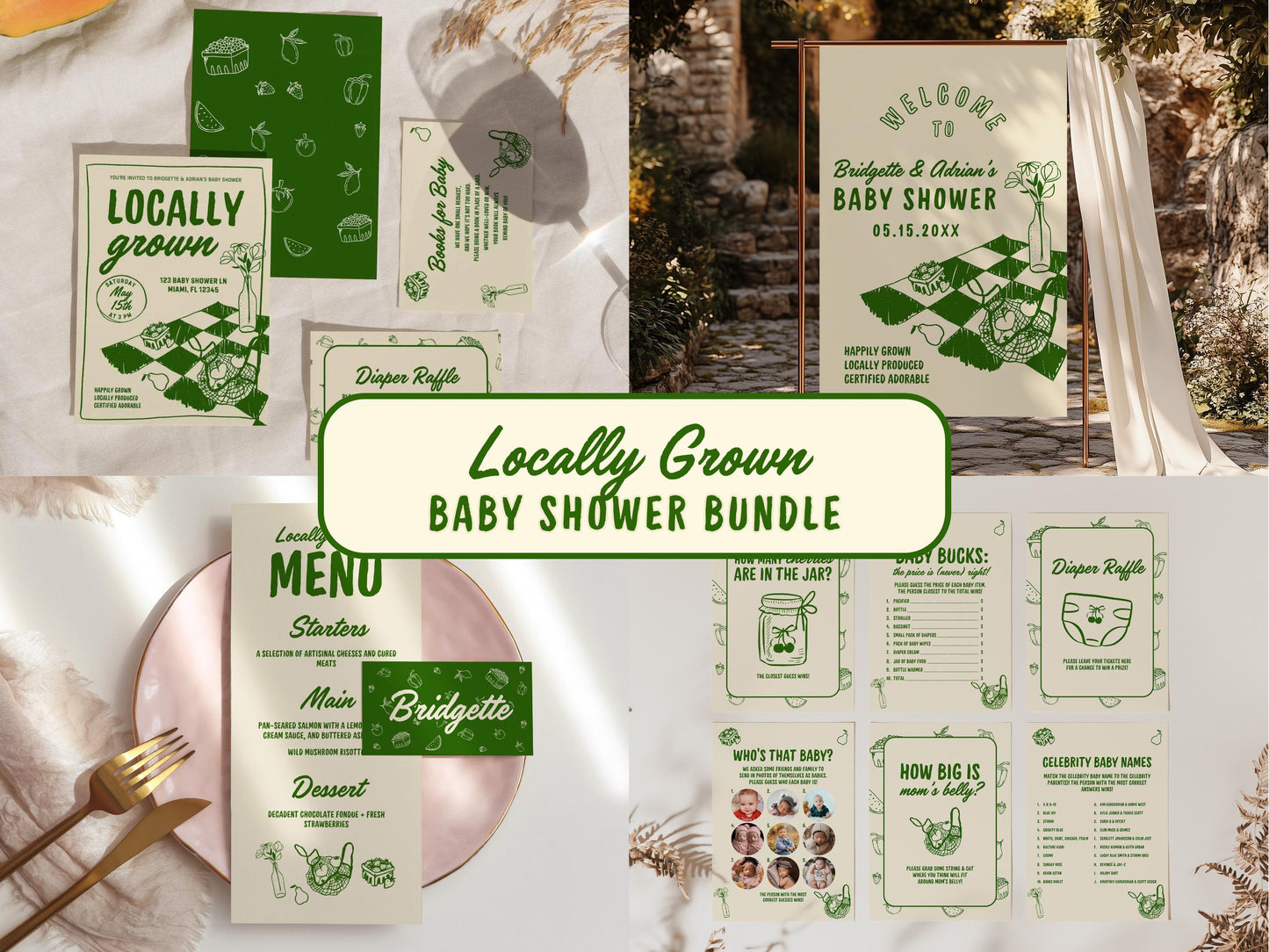 Locally Grown Baby Shower Bundle Templates Colorful Farmers Market Baby Shower Locally Produced Baby Sprinkle Hand Drawn Whimsical Doodles
