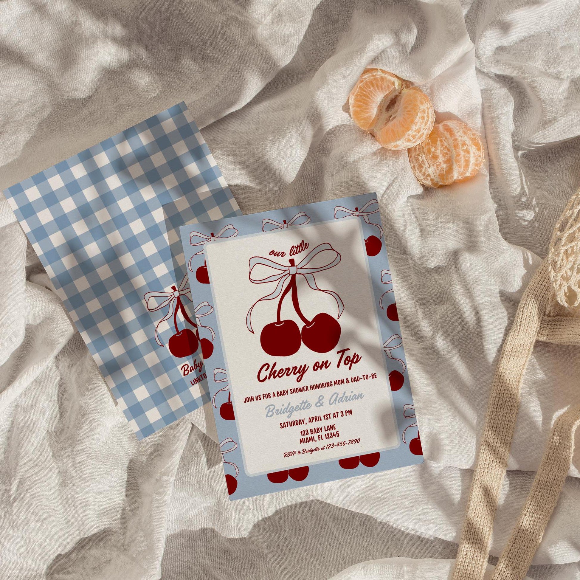 Blue Cherry on Top Baby Shower Invitation Template He's the Cherry on Top Blue Cherries Invite Blue Bow Baby Boy Fruit Summer Coquette Theme