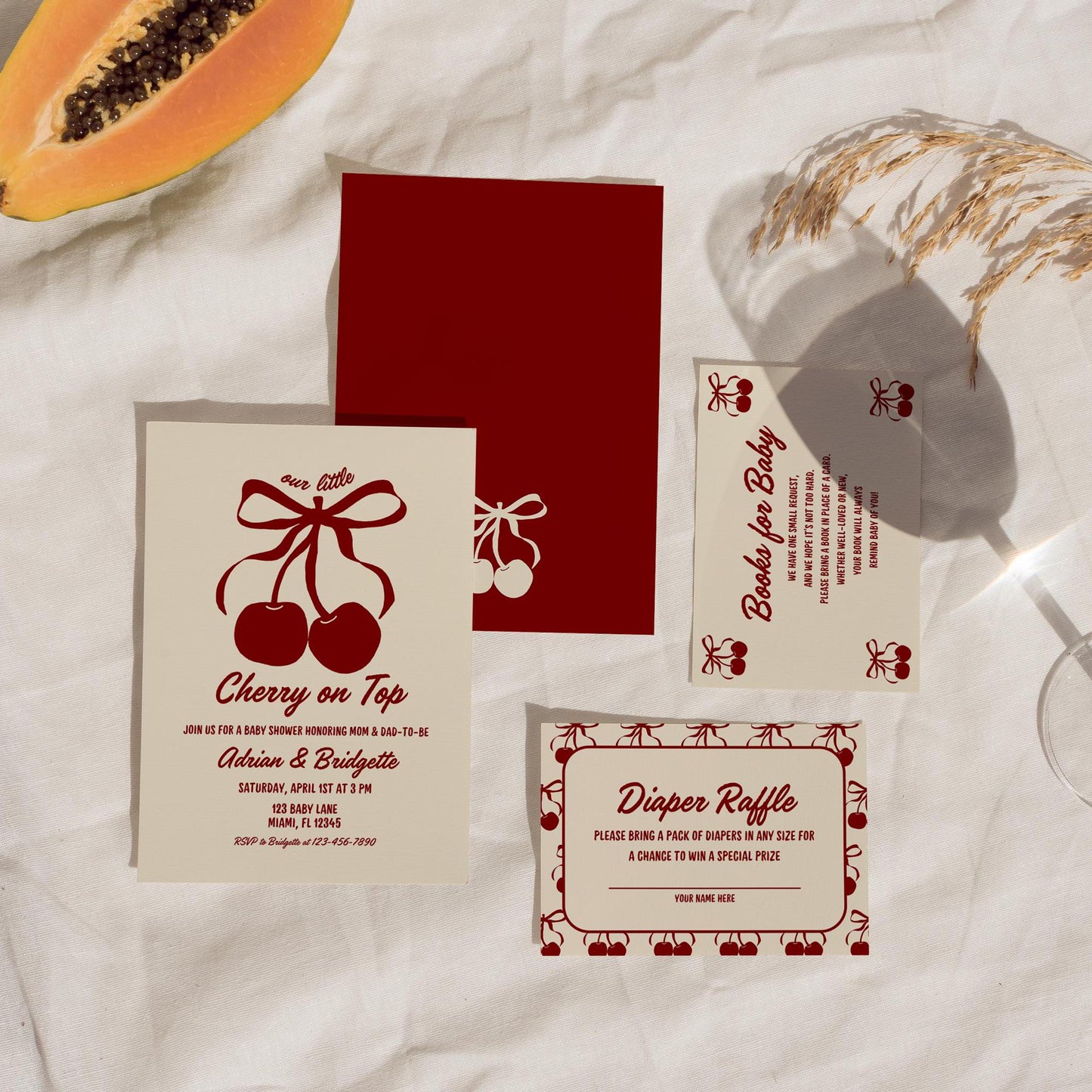 Cherry On Top Baby Shower Bundle Template Baby Sprinkle Our Little Cherry On Top Hand Drawn Coquette Ribbon Editable Cherry on Top Theme