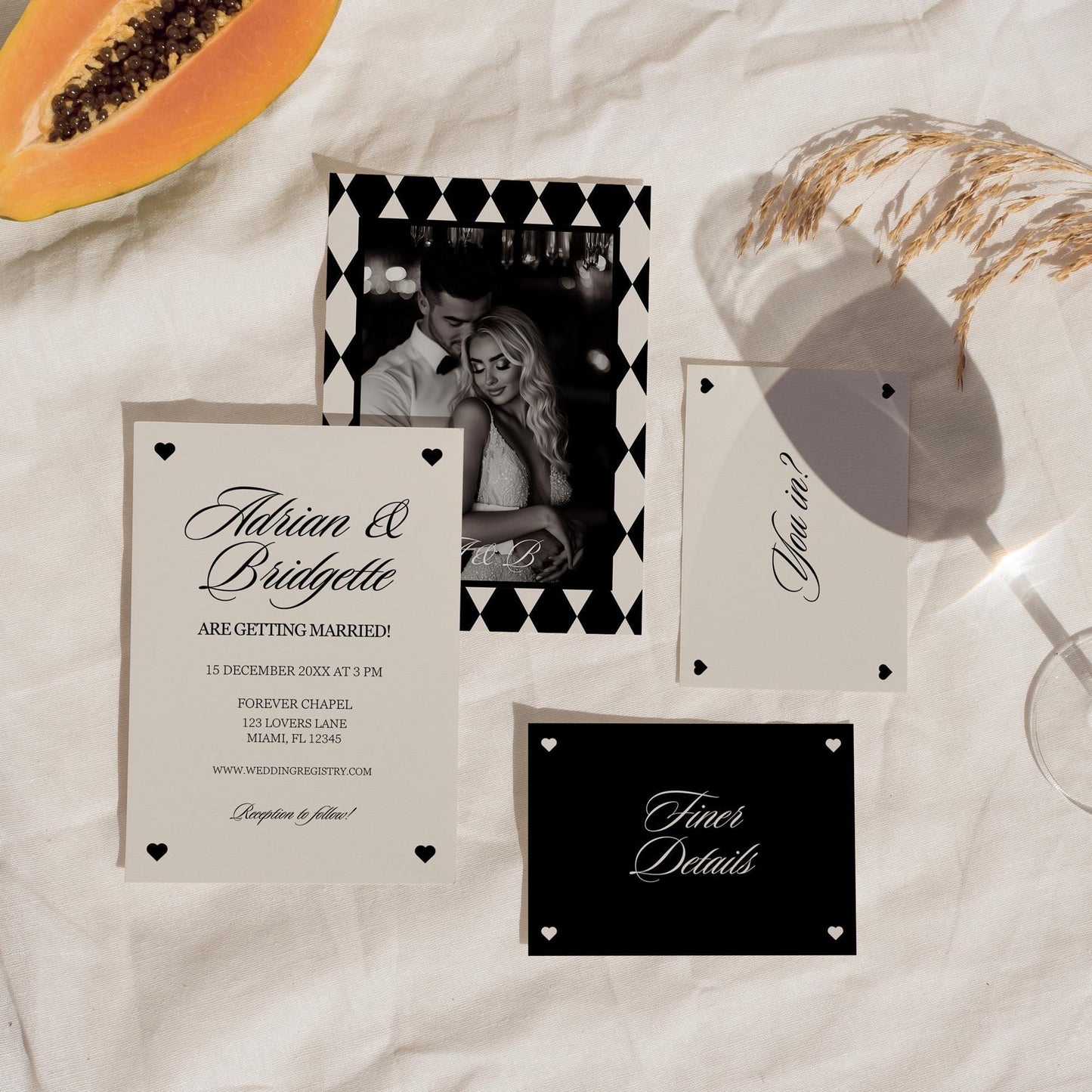 Elegant Wedding Template Suite with Photo Old Money Aesthetic Editable Vintage Wedding Invite Design Black and White Checkerboard Invite