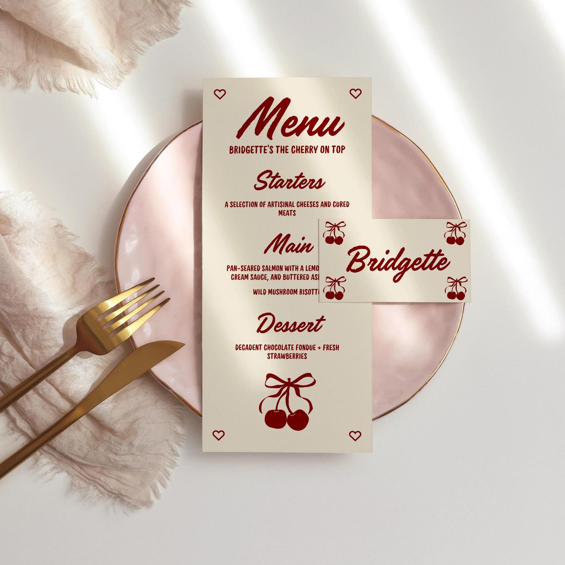 Cherry On Top Bridal Shower Menu and Place Cards Cherry Themed Bridal Shower She’s the Cherry On Top Hand Drawn Coquette Editable Invitation