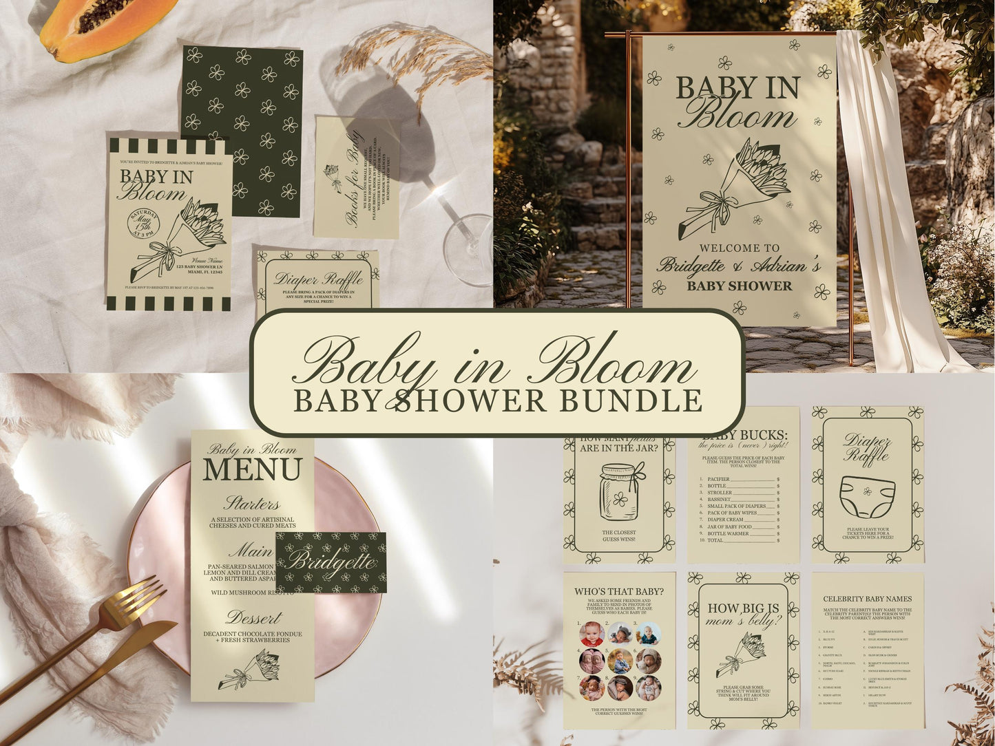 Baby in Bloom Baby Shower Bundle Templates Hand Drawn Whimsical Farmers Market Baby Shower Locally Grown Custom Invitation Baby Sprinkle