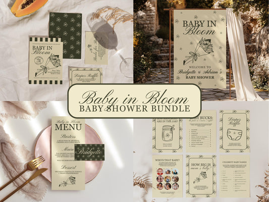 Baby in Bloom Baby Shower Bundle Templates Hand Drawn Whimsical Farmers Market Baby Shower Locally Grown Custom Invitation Baby Sprinkle