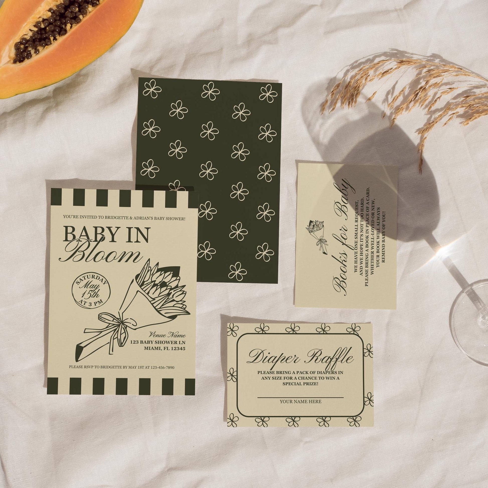 Baby in Bloom Baby Shower Bundle Templates Hand Drawn Whimsical Farmers Market Baby Shower Locally Grown Custom Invitation Baby Sprinkle