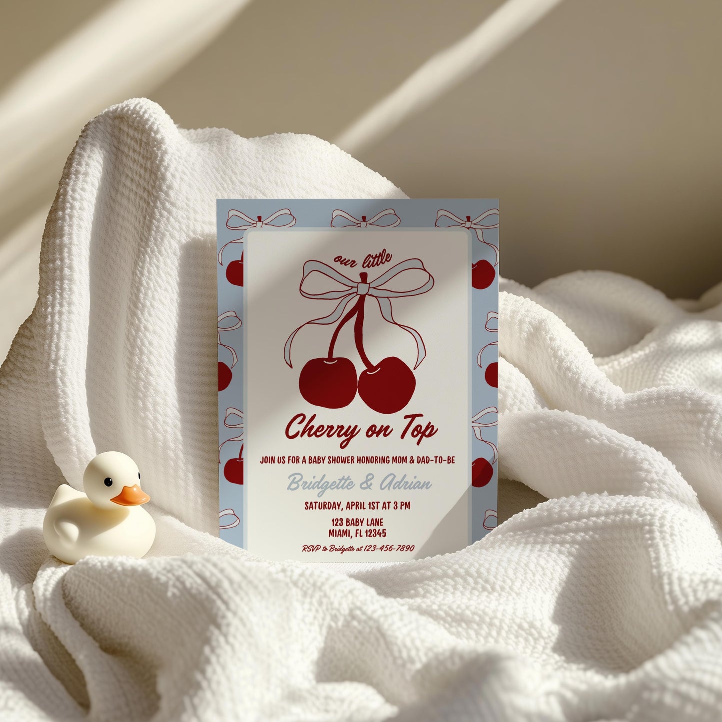 Blue Cherry on Top Baby Shower Invitation Template He's the Cherry on Top Blue Cherries Invite Blue Bow Baby Boy Fruit Summer Coquette Theme