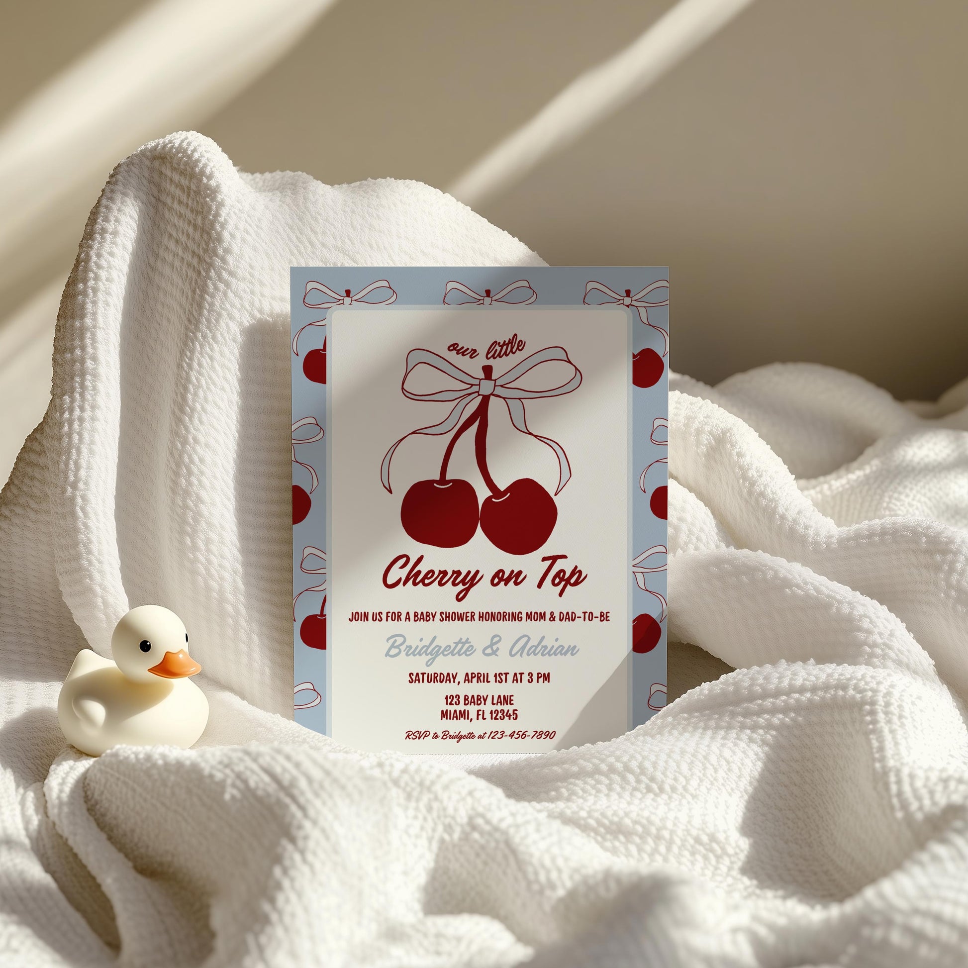 Blue Cherry on Top Baby Shower Invitation Template He's the Cherry on Top Blue Cherries Invite Blue Bow Baby Boy Fruit Summer Coquette Theme
