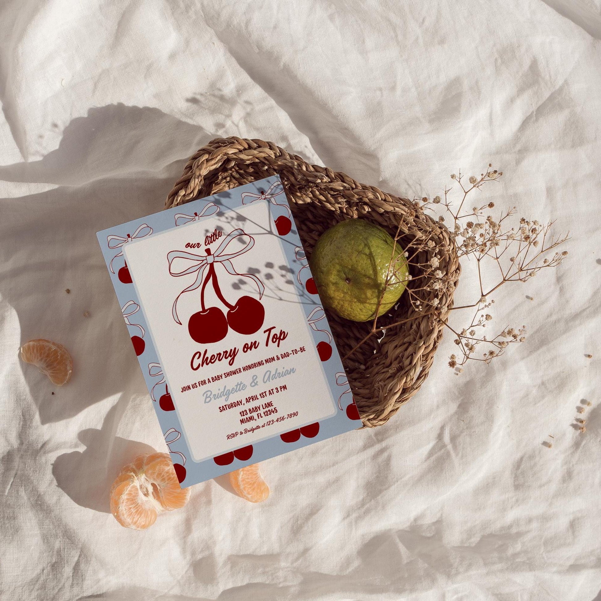 Blue Cherry on Top Baby Shower Invitation Template He's the Cherry on Top Blue Cherries Invite Blue Bow Baby Boy Fruit Summer Coquette Theme