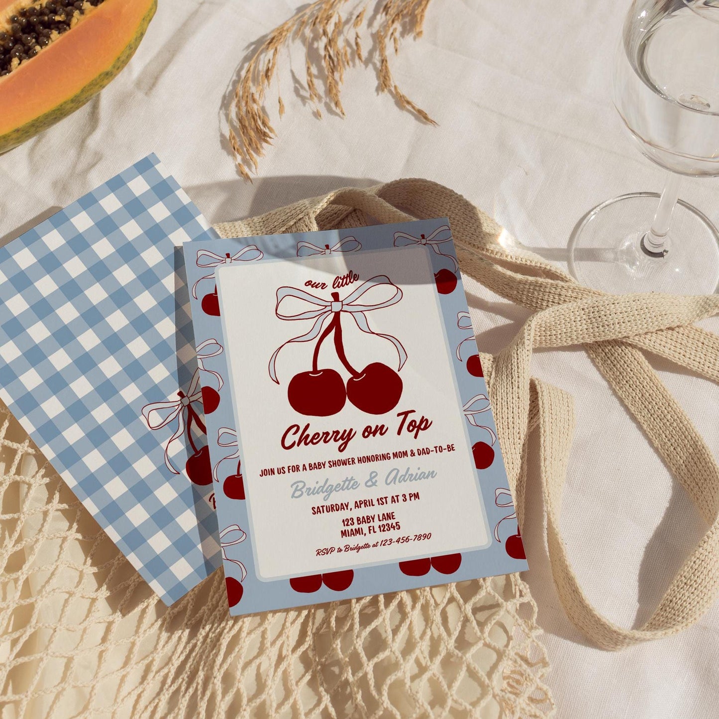 Blue Cherry on Top Baby Shower Invitation Template He's the Cherry on Top Blue Cherries Invite Blue Bow Baby Boy Fruit Summer Coquette Theme