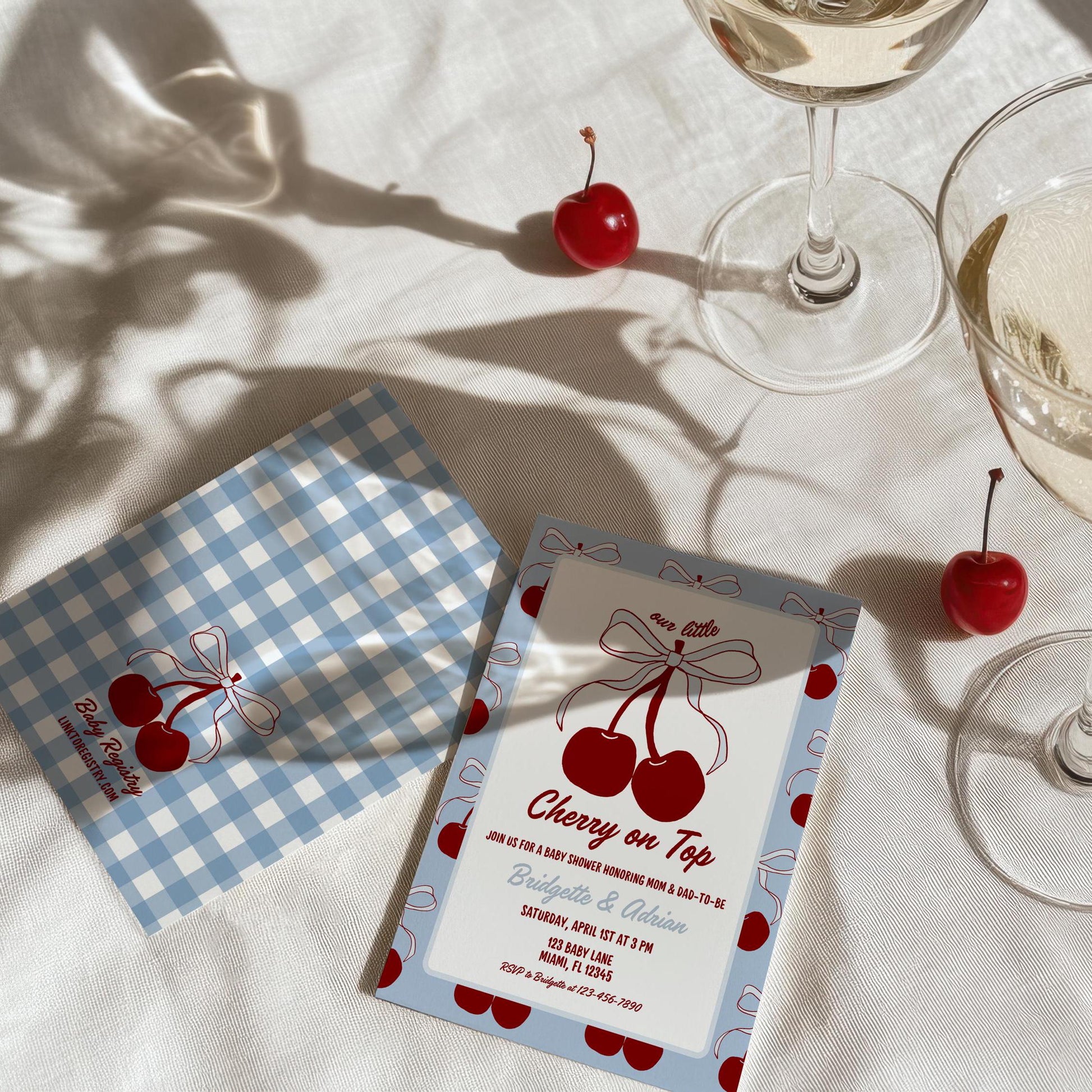 Blue Cherry on Top Baby Shower Invitation Template He's the Cherry on Top Blue Cherries Invite Blue Bow Baby Boy Fruit Summer Coquette Theme