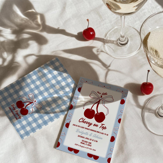 Blue Cherry on Top Baby Shower Invitation Template He's the Cherry on Top Blue Cherries Invite Blue Bow Baby Boy Fruit Summer Coquette Theme