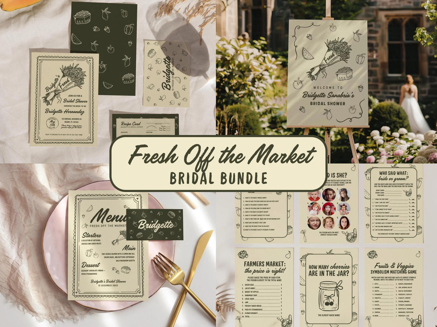 Fresh Off the Market Bridal Shower Template Bundle Farmers Market Editable Invitation Welcome Sign Custom Menu Bridal Shower Games