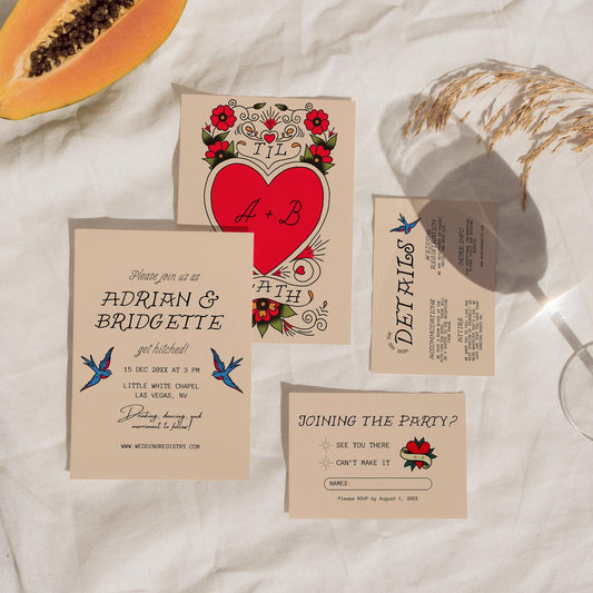 WEDDING INVITATION Traditional Tattoo Wedding Old School Tattoo Rock N Roll Vintage Wedding Stationery Rockabilly Custom Wedding Invite