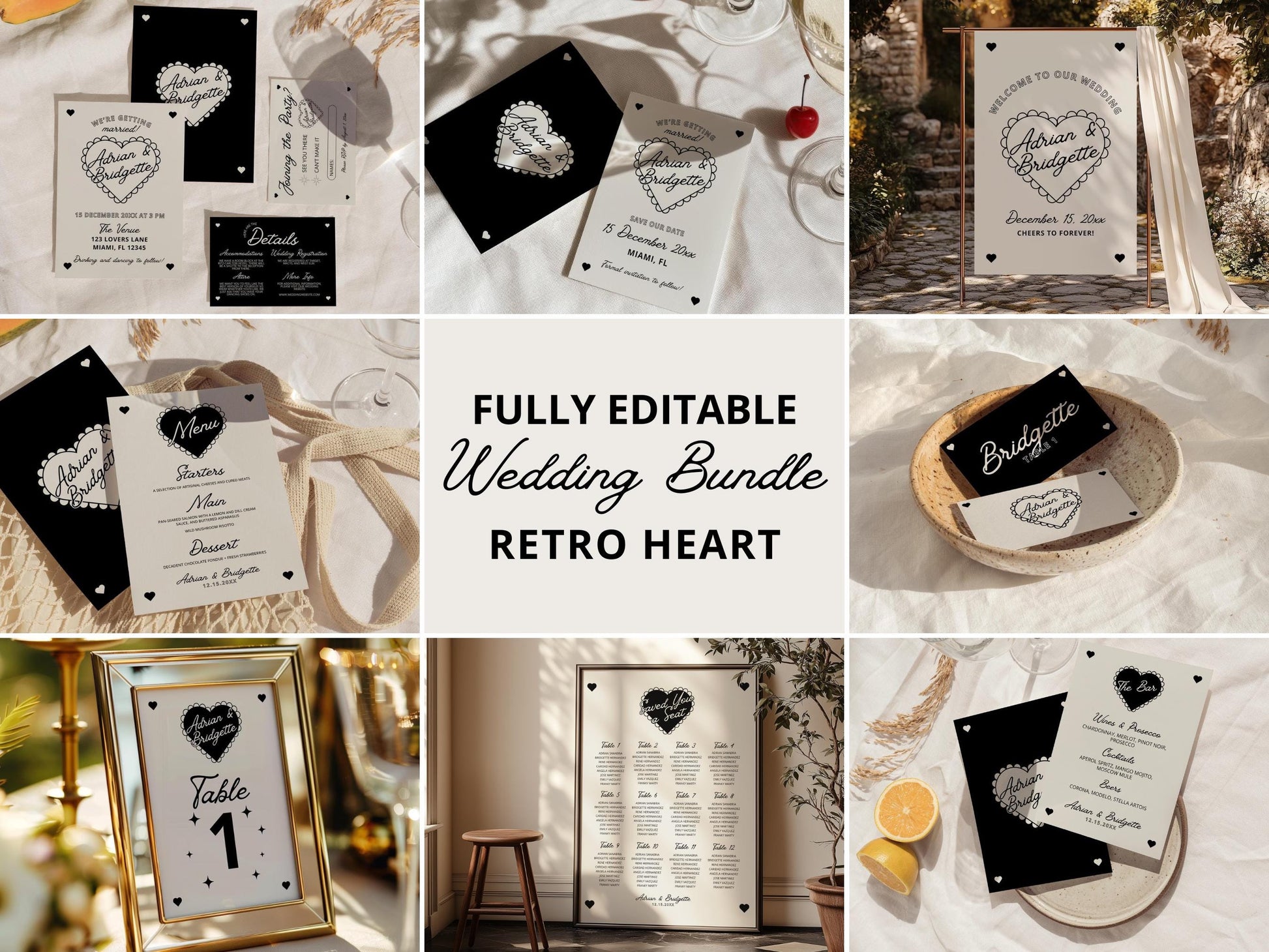 WEDDING TEMPLATES BUNDLE Whimsical Wedding Suite Hand Drawn Retro Heart Wedding Stationery Vintage Wedding Invitation Colorful Wedding Suite