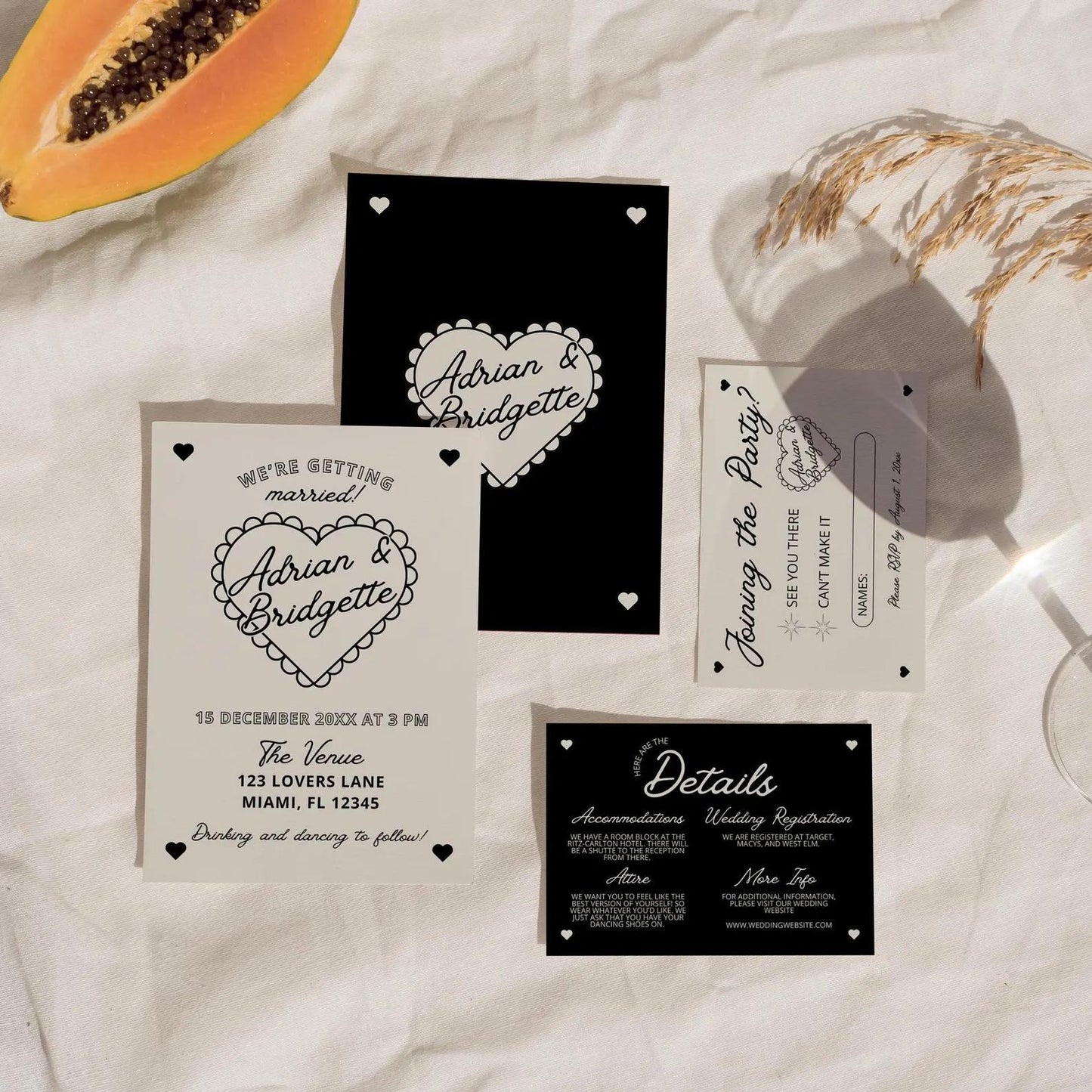 WEDDING TEMPLATES BUNDLE Whimsical Wedding Suite Hand Drawn Retro Heart Wedding Stationery Vintage Wedding Invitation Colorful Wedding Suite