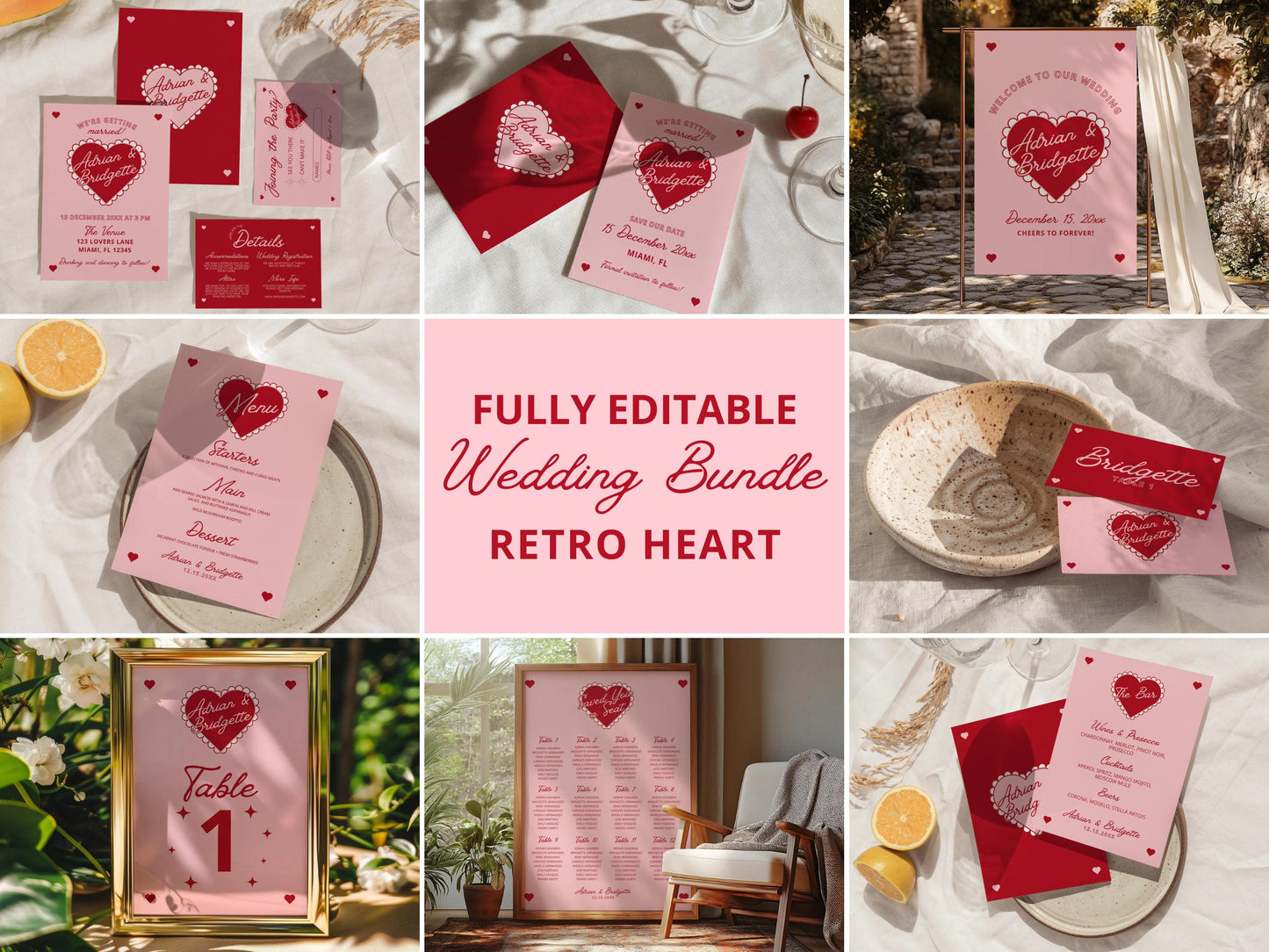 WEDDING TEMPLATES BUNDLE Whimsical Wedding Suite Hand Drawn Retro Heart Wedding Stationery Vintage Wedding Invitation Colorful Wedding Suite