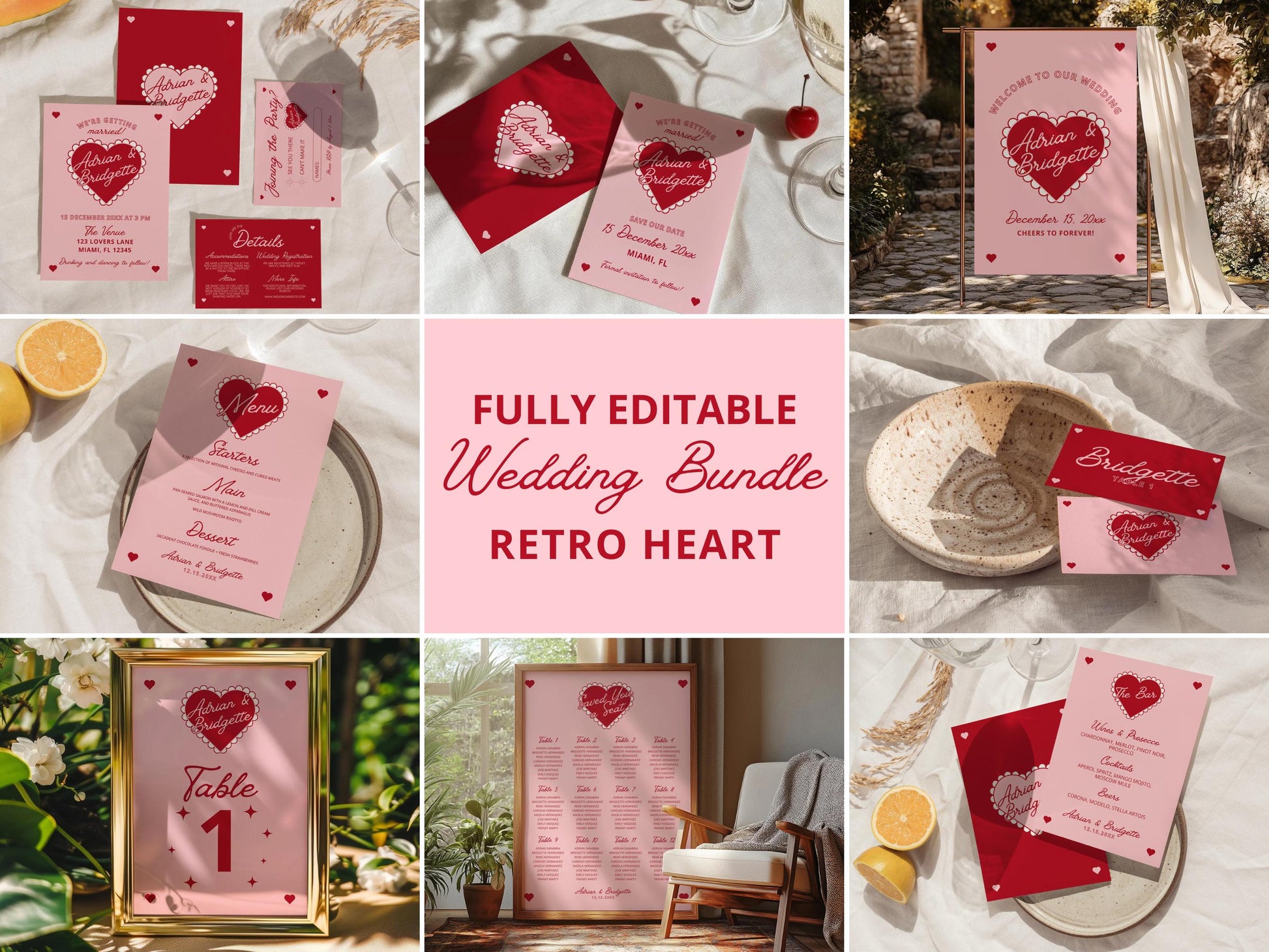 WEDDING TEMPLATES BUNDLE Whimsical Wedding Suite Hand Drawn Retro Heart Wedding Stationery Vintage Wedding Invitation Colorful Wedding Suite