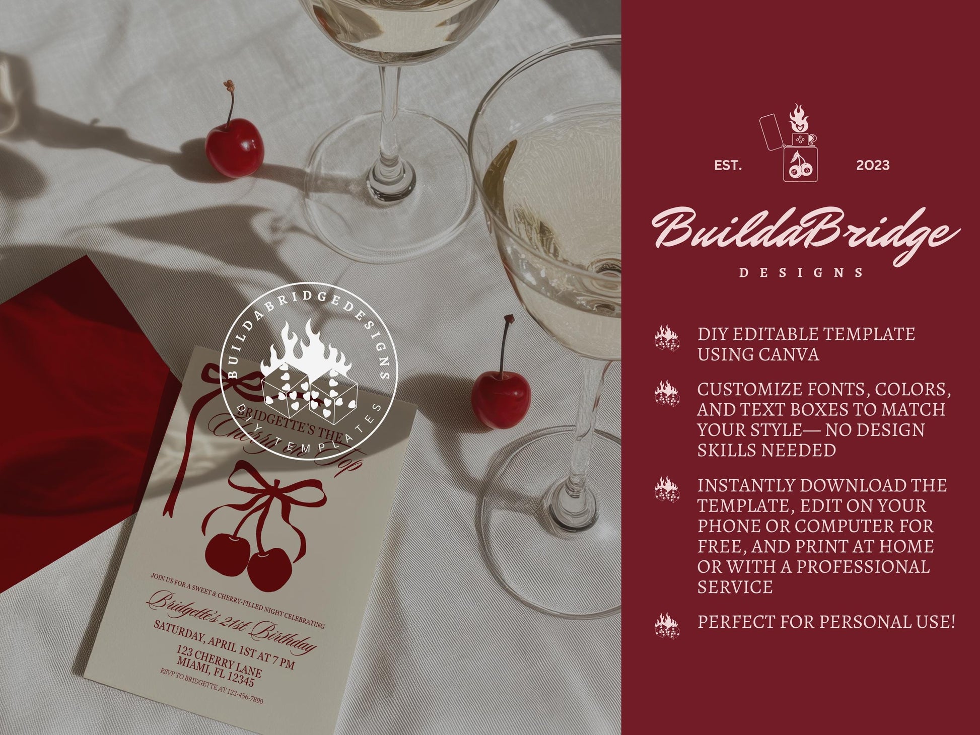 Cherry On Top Birthday Party Editable Invitation Romantic Classy 1st Birthday Cherry Theme She’s the Cherry On Top Hand Drawn Coquette Bow