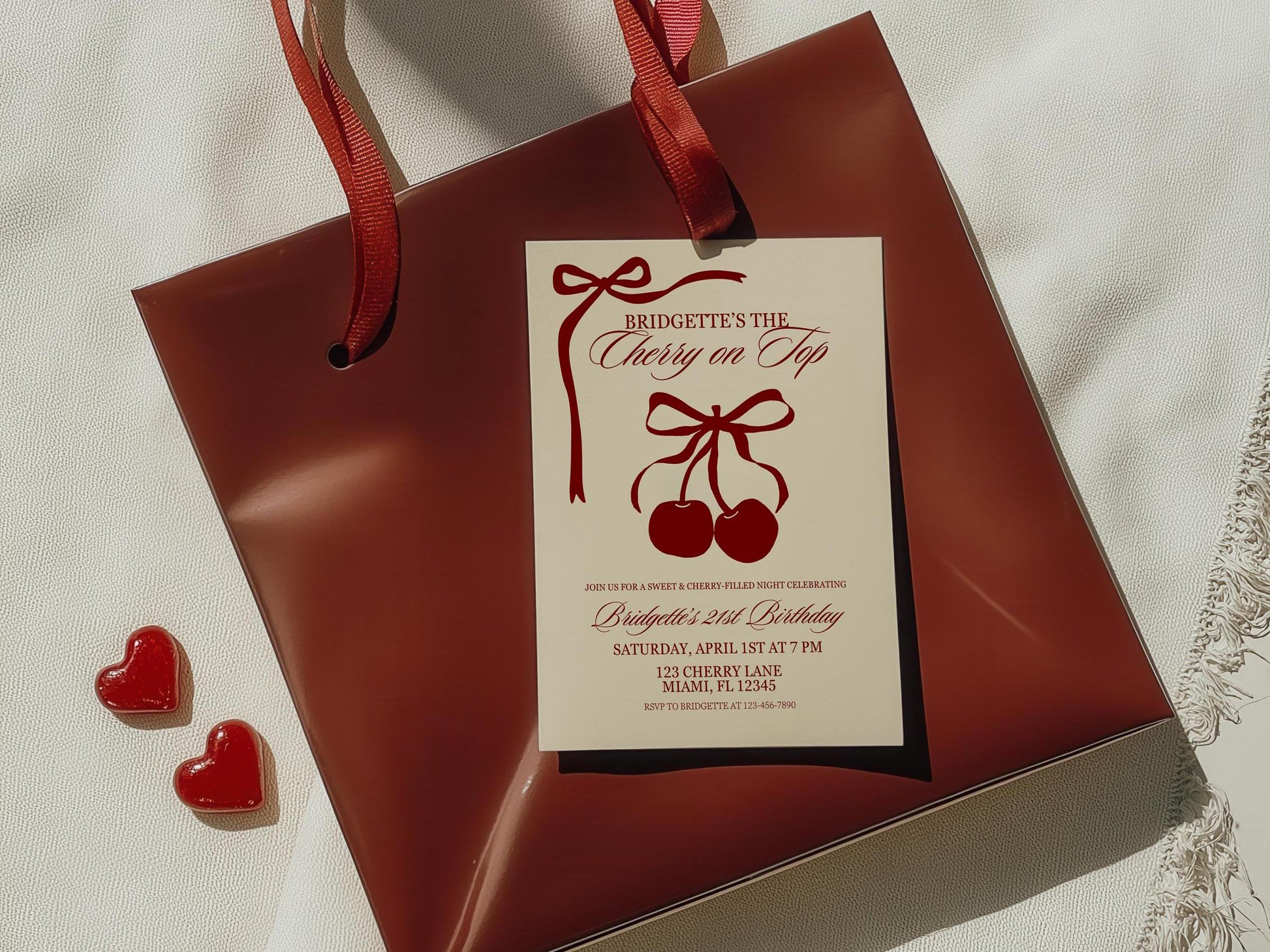 Cherry On Top Birthday Party Editable Invitation Romantic Classy 21st Birthday Cherry Theme She’s the Cherry On Top Hand Drawn Coquette Bow