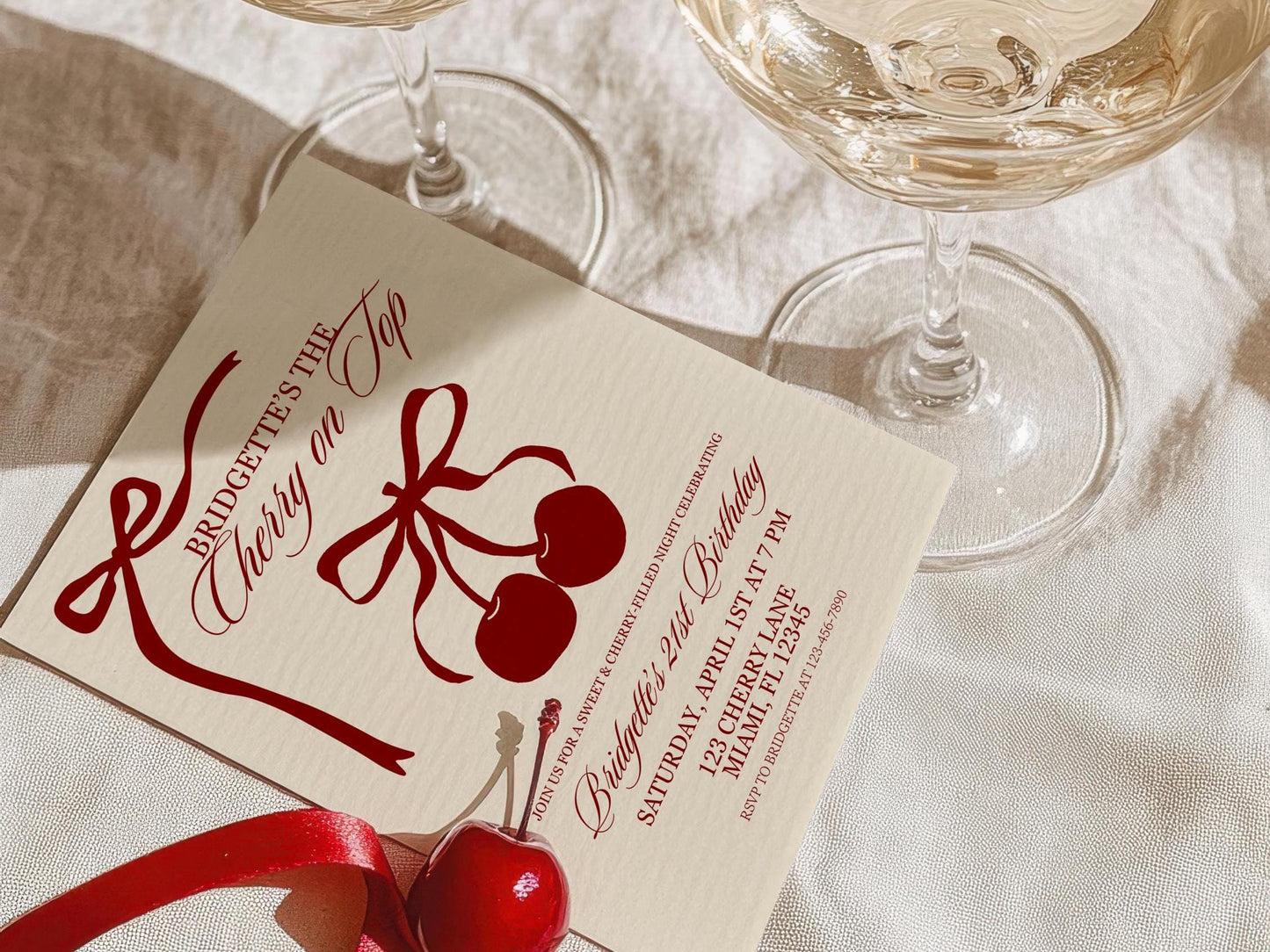 Cherry On Top Birthday Party Editable Invitation Romantic Classy 21st Birthday Cherry Theme She’s the Cherry On Top Hand Drawn Coquette Bow