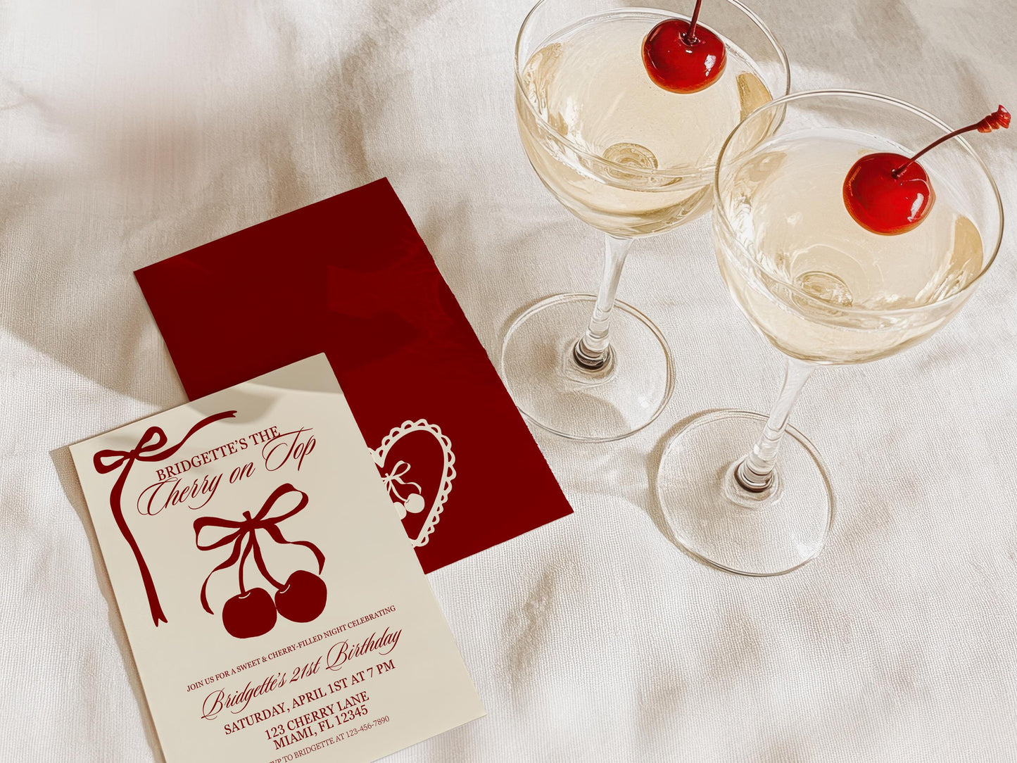 Cherry On Top Birthday Party Editable Invitation Romantic Classy 21st Birthday Cherry Theme She’s the Cherry On Top Hand Drawn Coquette Bow