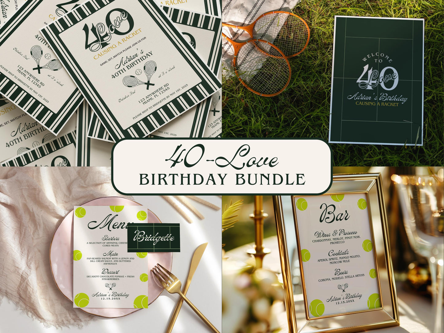 40-Love Tennis Birthday Party Bundle: Invitation, Sign, Menu (Digital Download, Canva Templates)