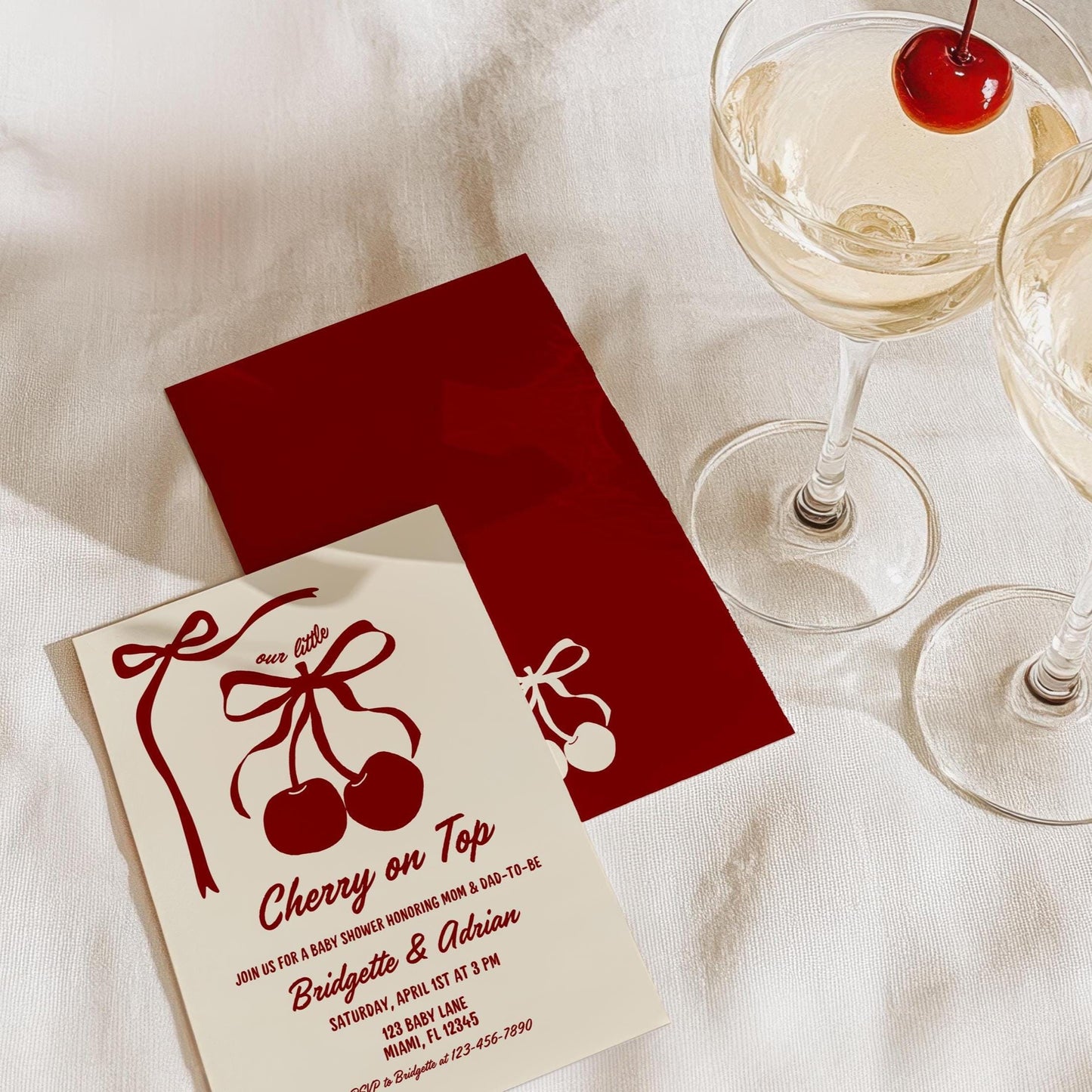 Cherry On Top Baby Shower Invite Baby Sprinkle Bows Cherry She’s the Cherry On Top Hand Drawn Coquette Ribbon Bow Editable Cherry on Top