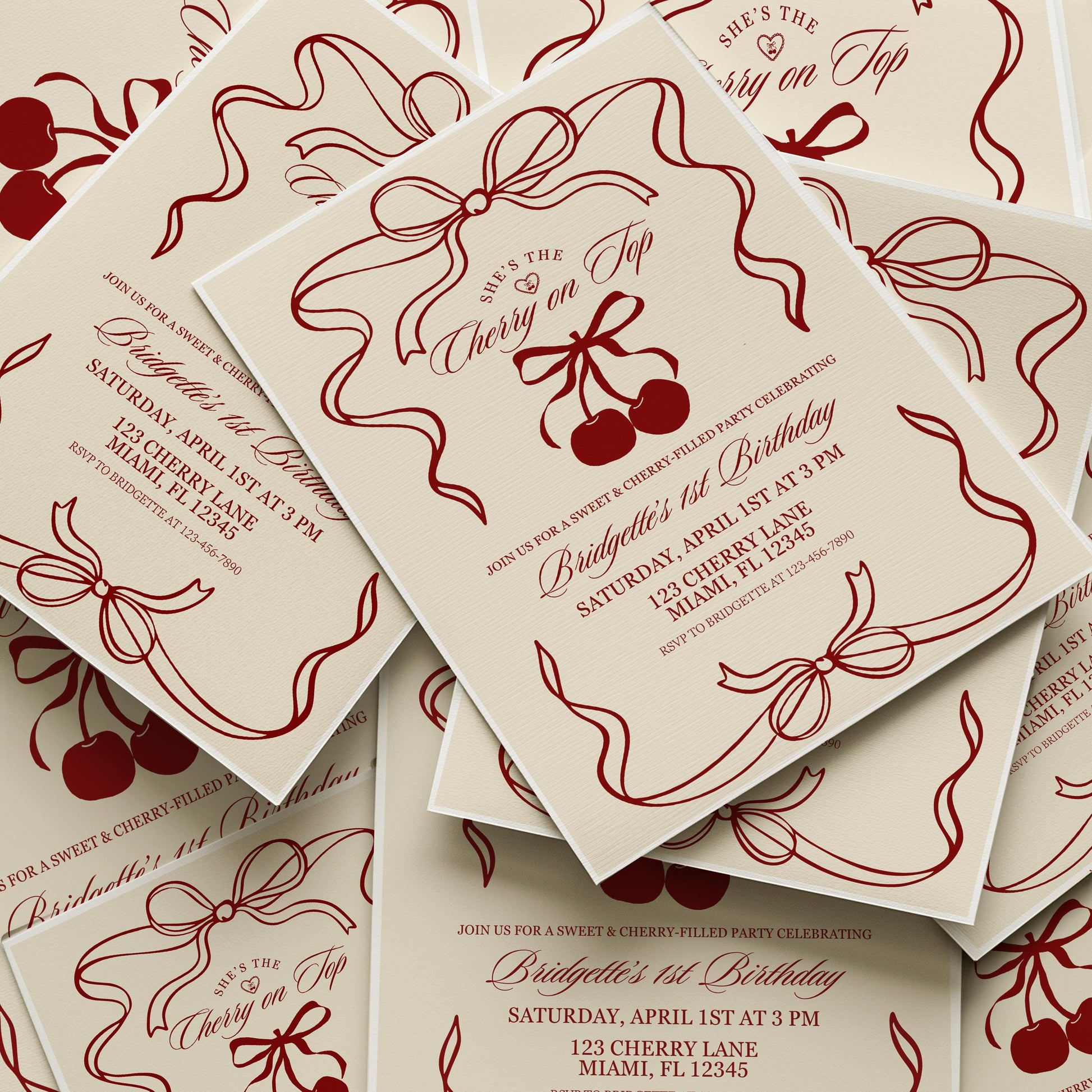 Cherry On Top Birthday Party Editable Invitation Romantic Classy 1st Birthday Cherry Theme She’s the Cherry On Top Hand Drawn Coquette Bow