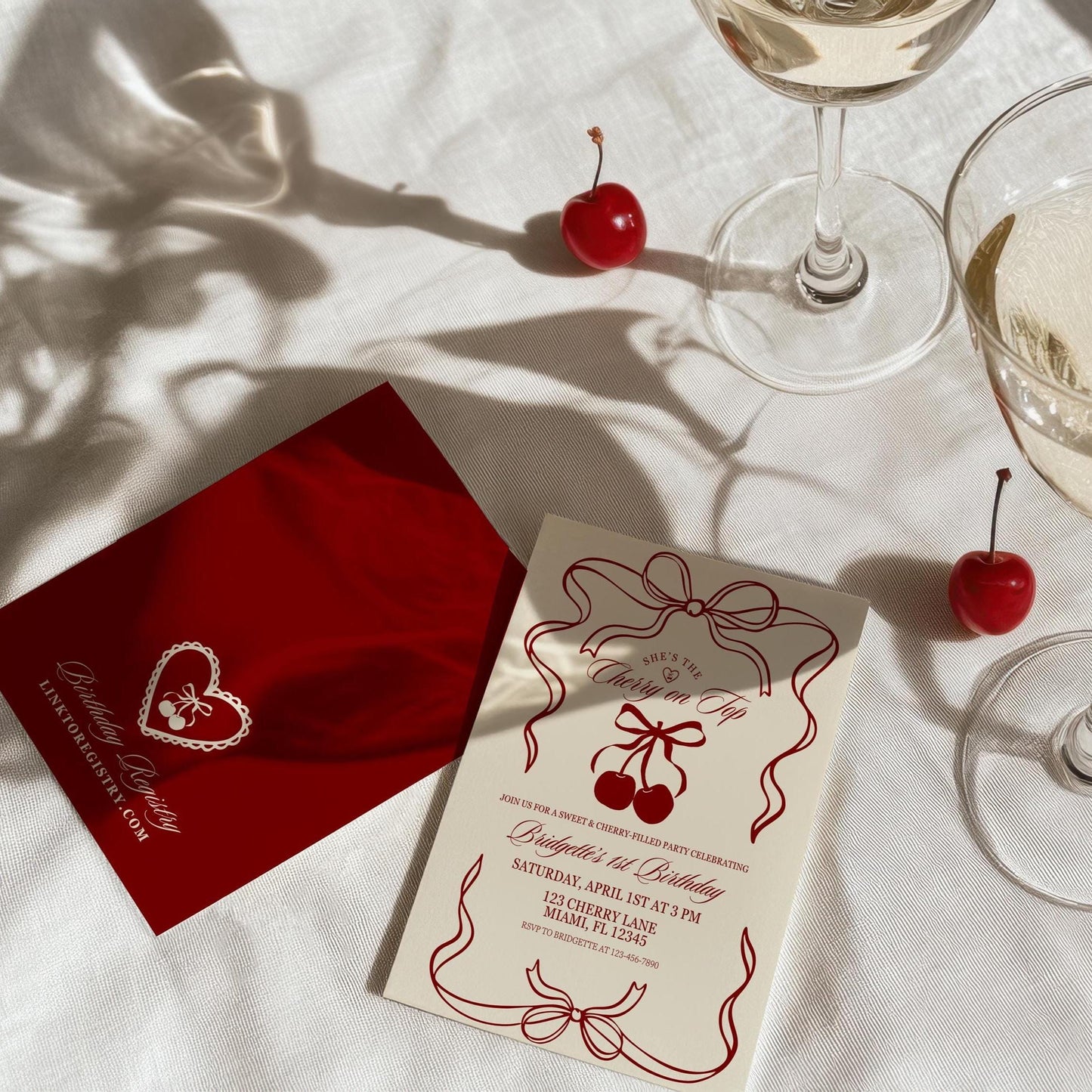 Cherry On Top Birthday Party Editable Invitation Romantic Classy 1st Birthday Cherry Theme She’s the Cherry On Top Hand Drawn Coquette Bow