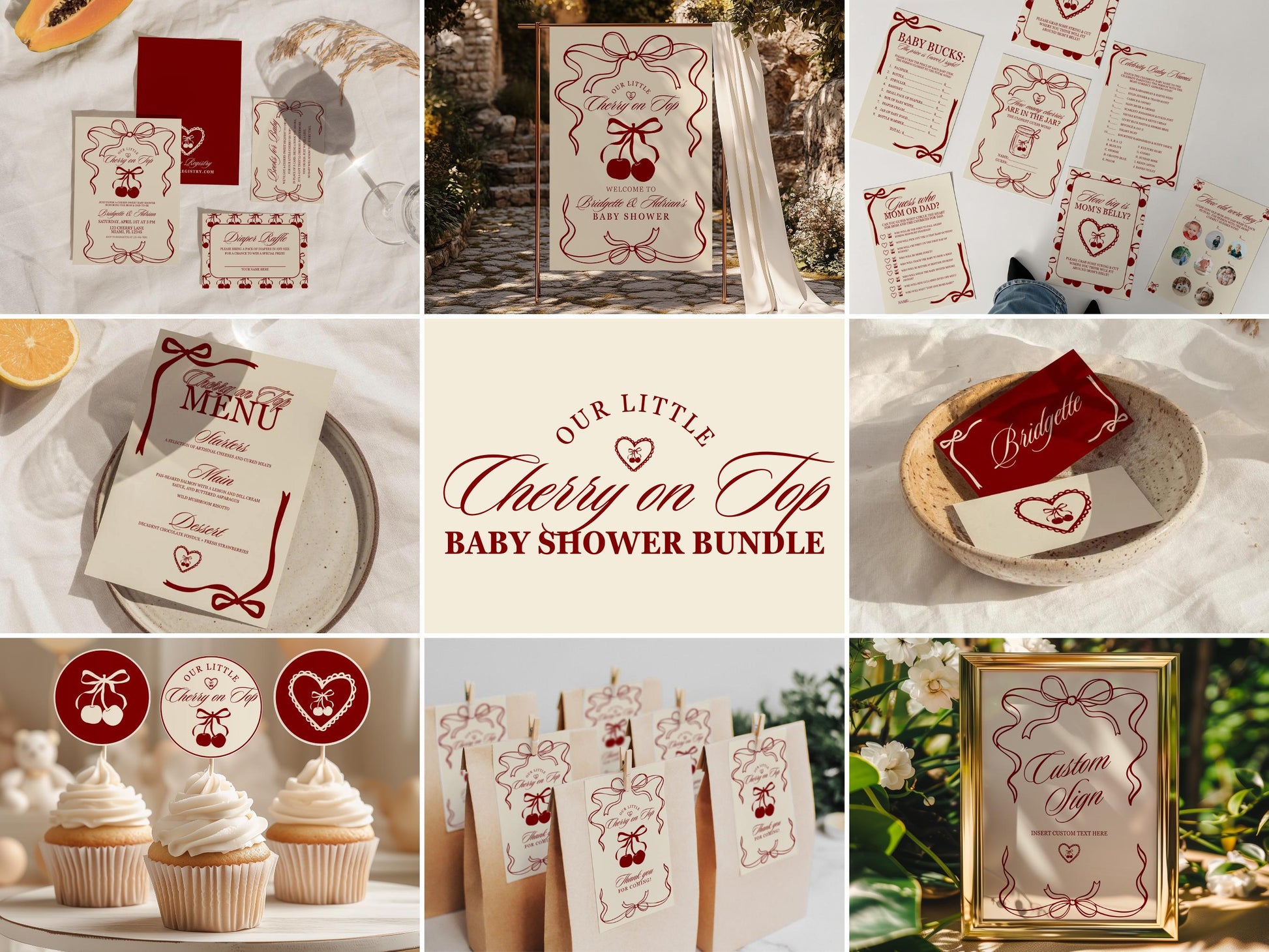 Cherry On Top Baby Shower Bundle Template Baby Sprinkle Our Little Cherry On Top Hand Drawn Coquette Ribbon Editable Cherry on Top Theme