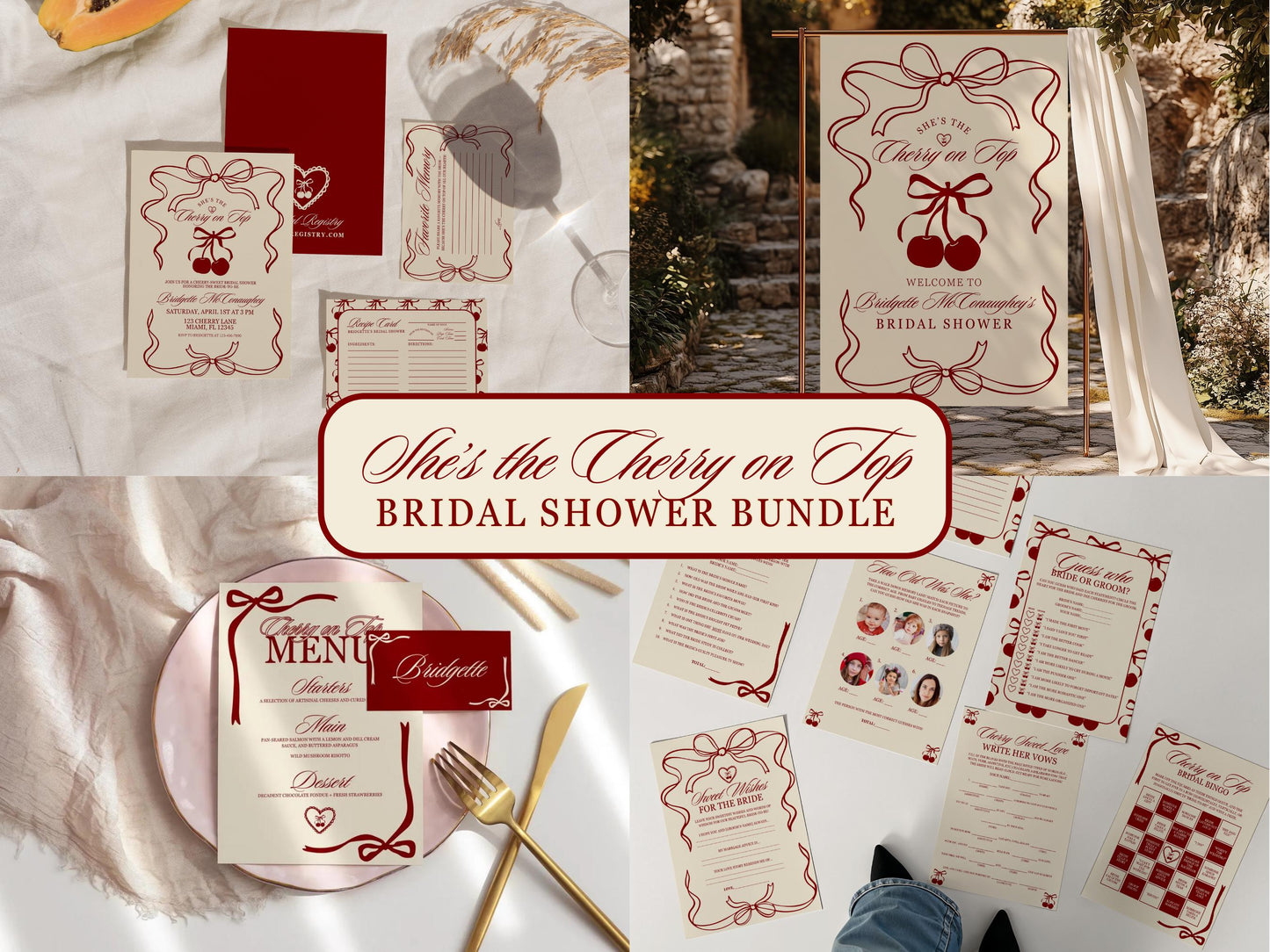 Cherry On Top Bridal Shower Bundle Cherry Themed Bridal Shower Shes the Cherry On Top Hand Drawn Coquette Ribbon Bow Editable Invitation