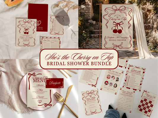 Cherry On Top Bridal Shower Bundle Cherry Themed Bridal Shower Shes the Cherry On Top Hand Drawn Coquette Ribbon Bow Editable Invitation