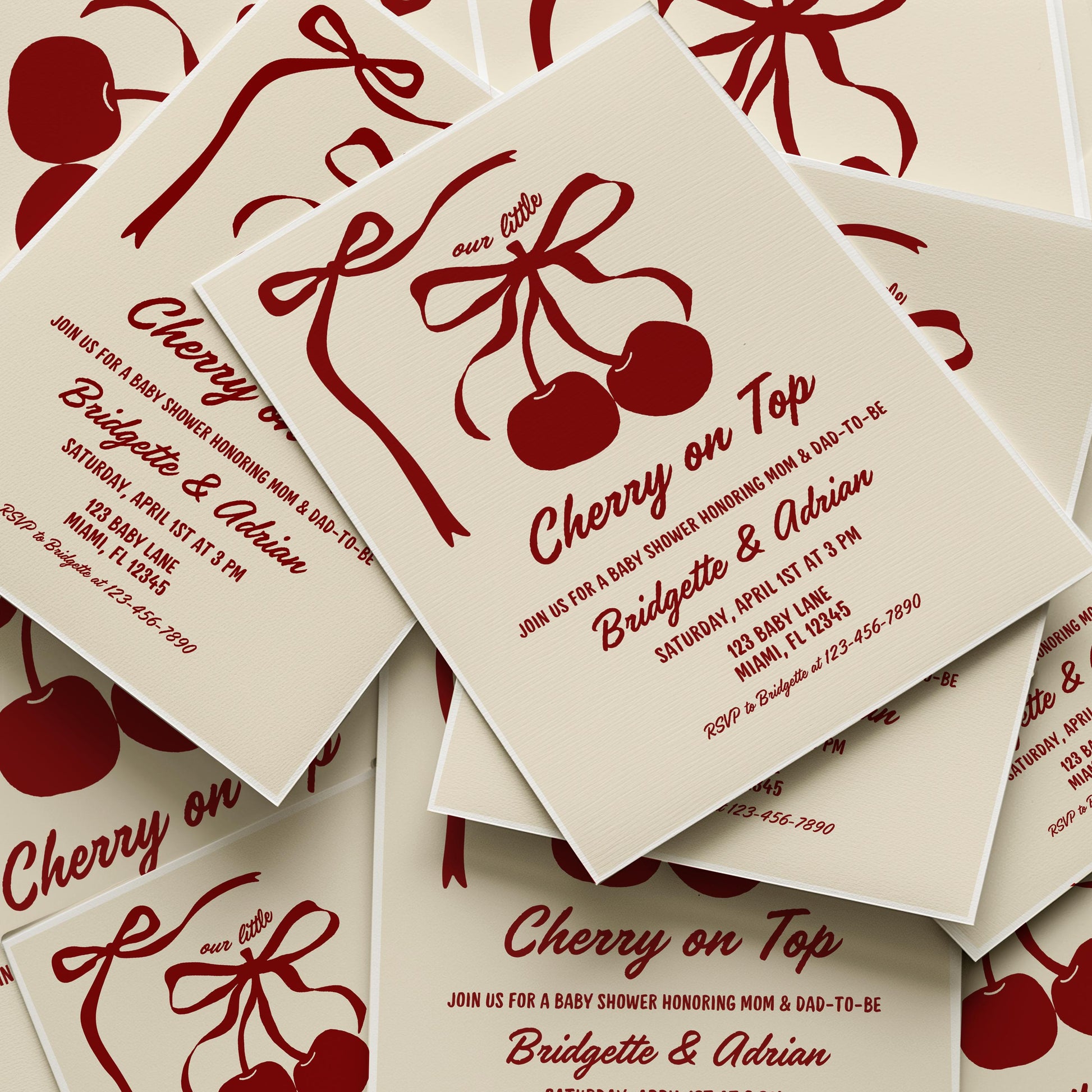 Cherry On Top Baby Shower Invite Baby Sprinkle Bows Cherry She’s the Cherry On Top Hand Drawn Coquette Ribbon Bow Editable Cherry on Top