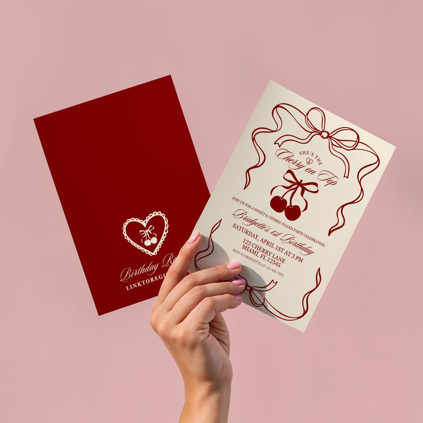 Cherry On Top Birthday Party Editable Invitation Romantic Classy 1st Birthday Cherry Theme She’s the Cherry On Top Hand Drawn Coquette Bow