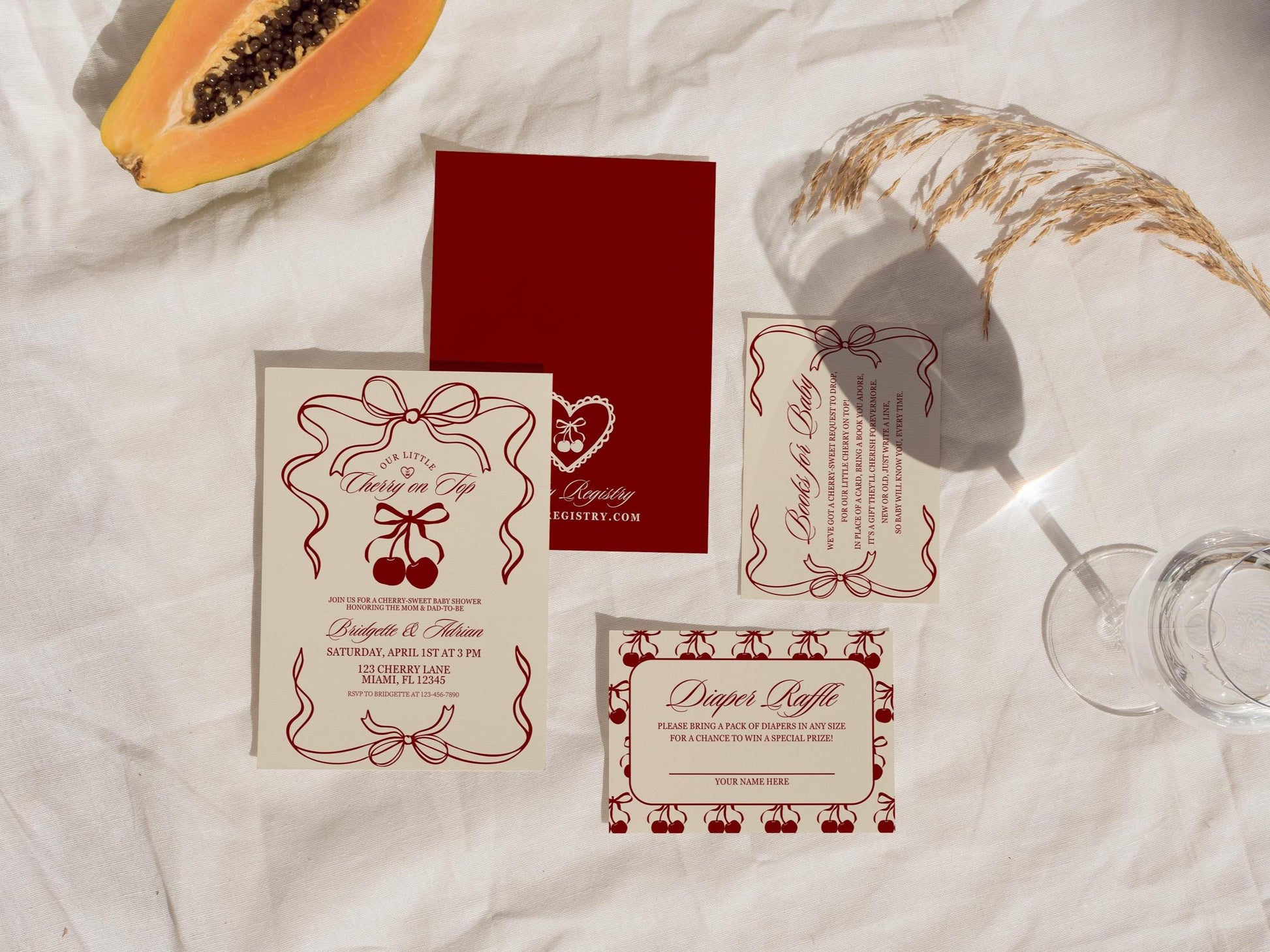 Cherry On Top Baby Shower Bundle Template Baby Sprinkle Our Little Cherry On Top Hand Drawn Coquette Ribbon Editable Cherry on Top Theme