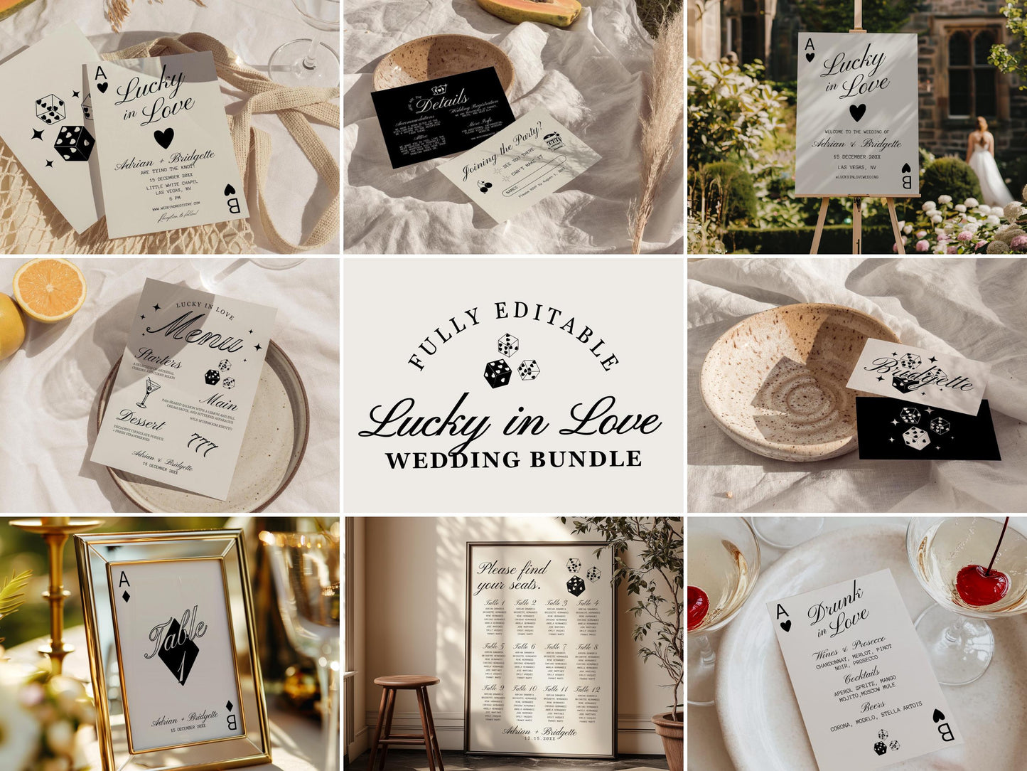 Vegas Wedding Bundle Editable Lucky in Love Wedding Invitation Template Vintage Vegas Wedding Bundle Hand Drawn Vegas Wedding Invitation