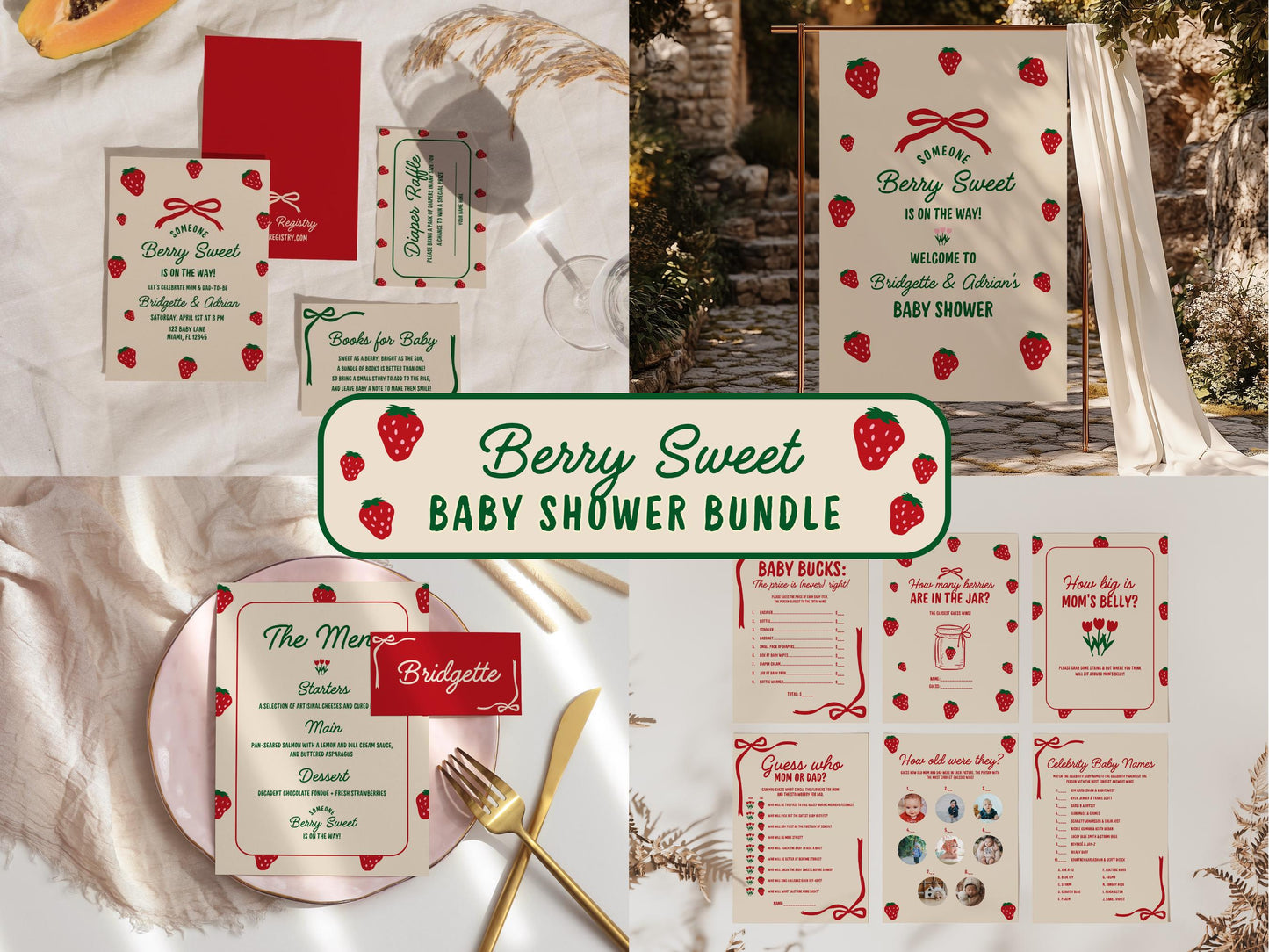 Berry Sweet Baby Shower Invitation Bundle Templates Strawberry Farmers Market Baby Shower Sign Locally Grown Baby Shower Invitation Template
