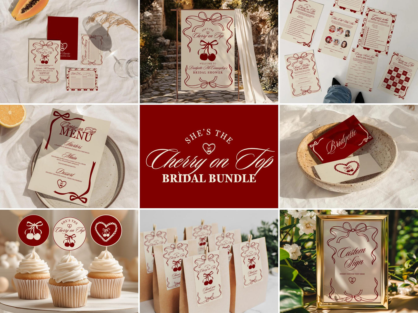Cherry On Top Bridal Shower Bundle Editable Bachelorette Invitation Template Romantic Welcome Sign Coquette Menu Design Custom Bridal Games