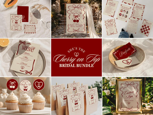 Cherry On Top Bridal Shower Bundle Editable Bachelorette Invitation Template Romantic Welcome Sign Coquette Menu Design Custom Bridal Games