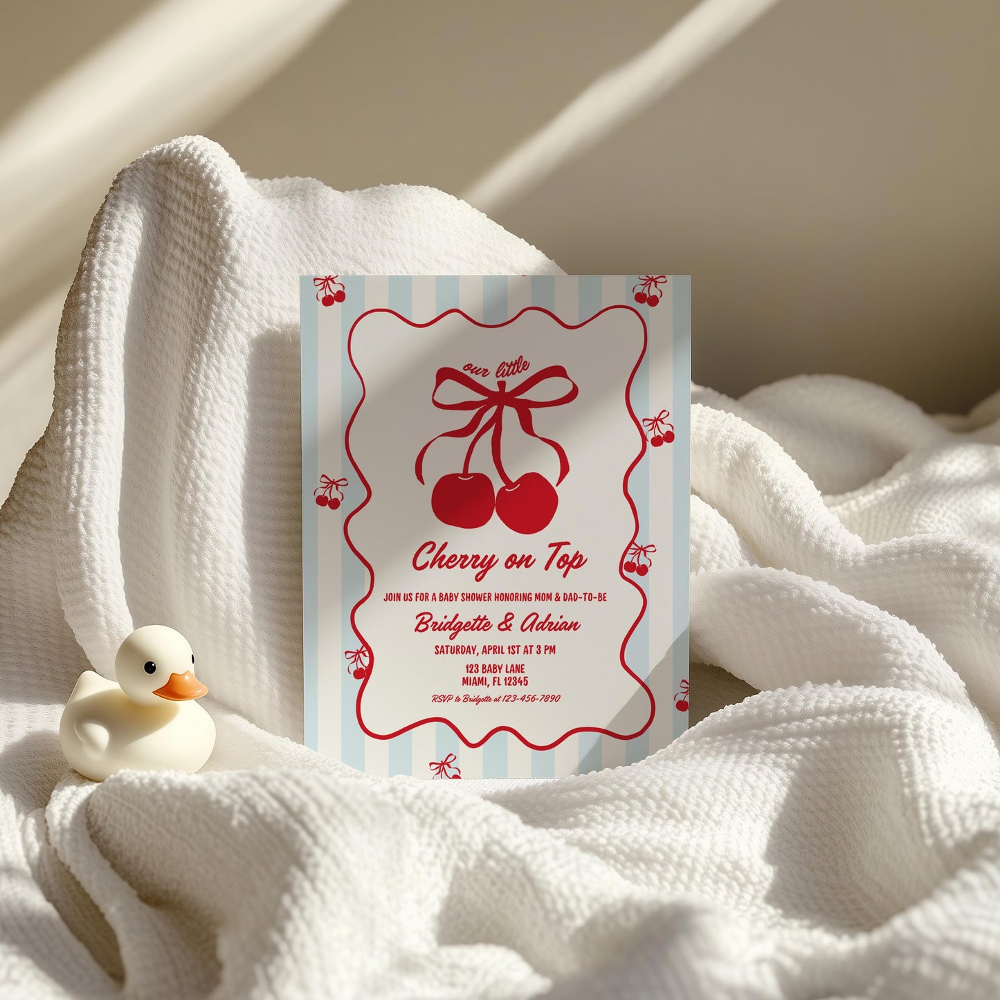 Cherry On Top Baby Shower Invitation Template Baby Sprinkle Blue Cherry On Top Hand Drawn Coquette Ribbon Editable Cherry on Top Theme