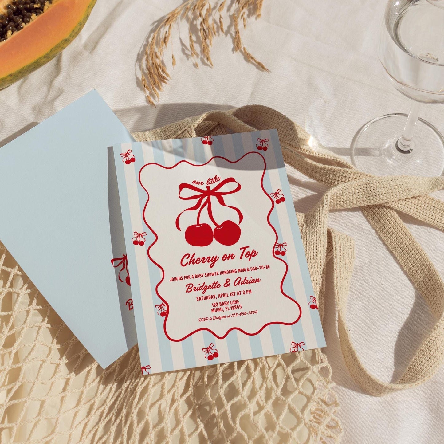 Cherry On Top Baby Shower Invitation Template Baby Sprinkle Blue Cherry On Top Hand Drawn Coquette Ribbon Editable Cherry on Top Theme